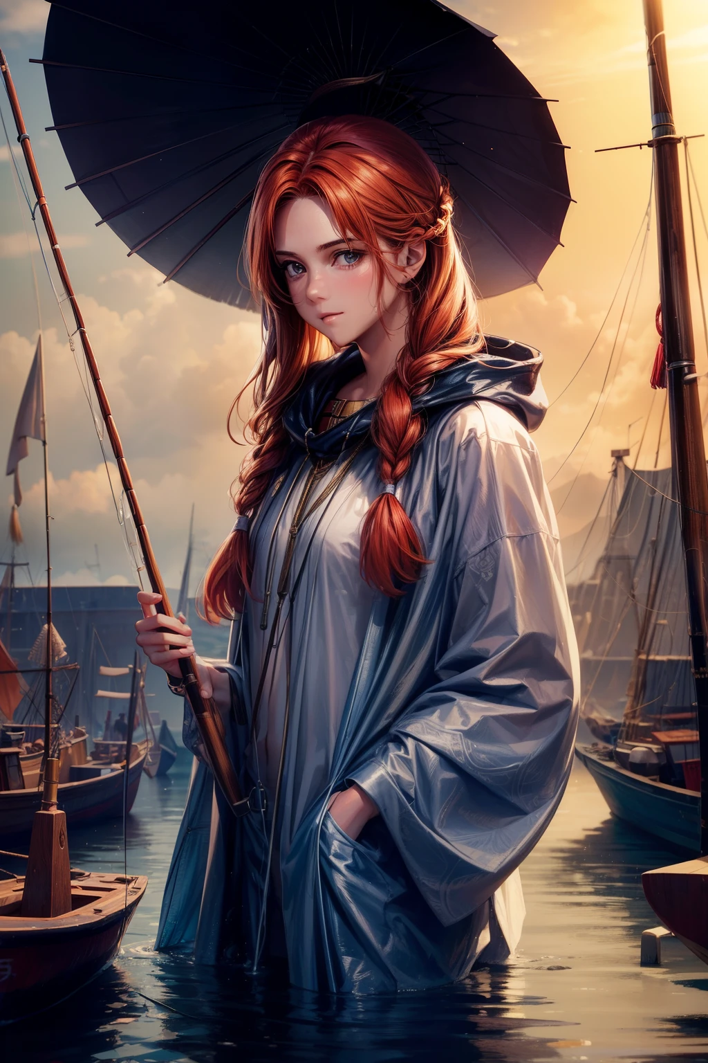 (tmasterpiece:1.2), Best quality at best, Beautiful pictures of fisherwomen, ginger hair, aged 40, Wear a raincoat, (On fishing boats:1.3), dark cloude, Photoactual, Hyperactual, the ultra-detailed, analogue style, hip is cocked, modest, low chest, Delicate skin, Matte skin, gentlesoftlighting, sub surface scattering, actual, heavy shadow, tmasterpiece, Best quality at best, ultra actual, 8K, the golden ratio, iintricate, high detal, Film photography, soft focus