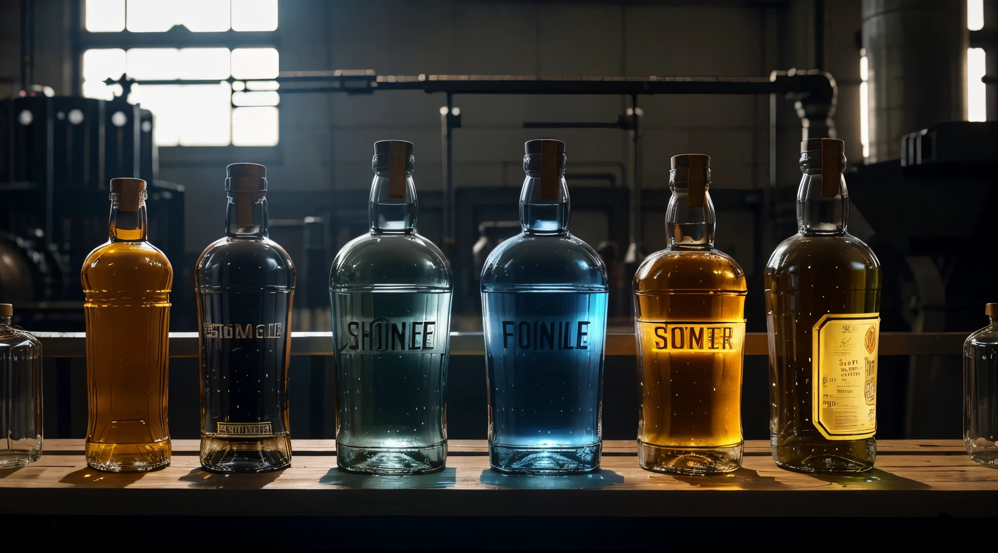 glass bottles of Gin on a conveyor belt in a factory with a blurry and orange light background, bottles, glass bottle of Gin, transparent background, robots drinking alcohol, beer bottles, bottle, glass vials, droplets flow down the bottle, interesting background, vials, captured in bottles, tilt shift glass background, industries, stock image, stock photo, schnapps, description, futuristic factory, realistic image, 16k resolution
