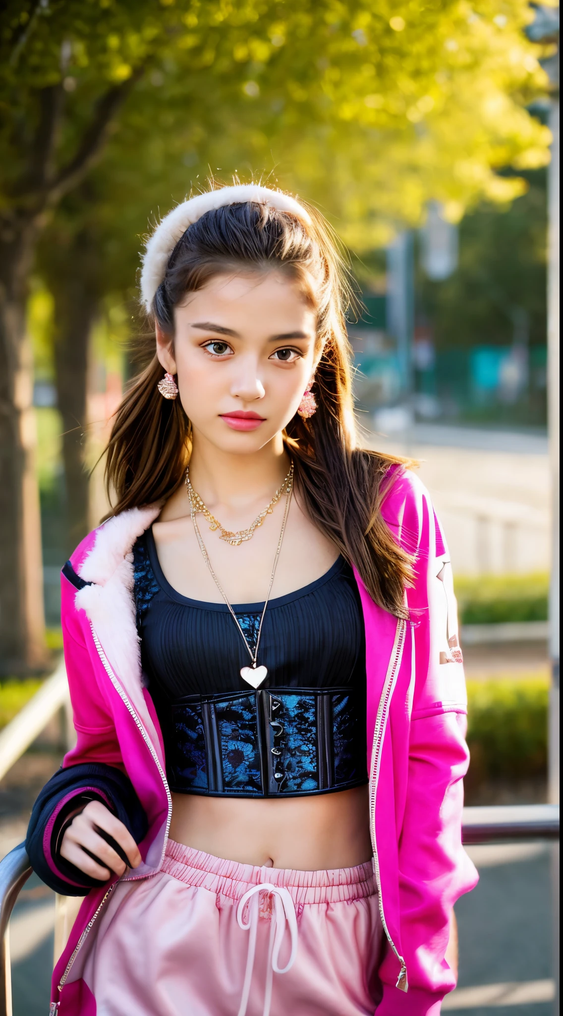 Teen girl, 15 years old girl, brown ponytail hair Emo Pin up Girl, sporty chic outfit, Striking a pose, natural make up, skinny sporty chic, ponytail hair, midshot, strong circuit atmosphere, lively circuit atmosphere, centered image, good girl, innocent girl, skinny girl, young girl, sporty chic and preppy concept, heart flow corset combine with romantic satin print top, fake fur pink jacket, rider sweatpants, mermaid necklace, looking at viewer, eyes on camera