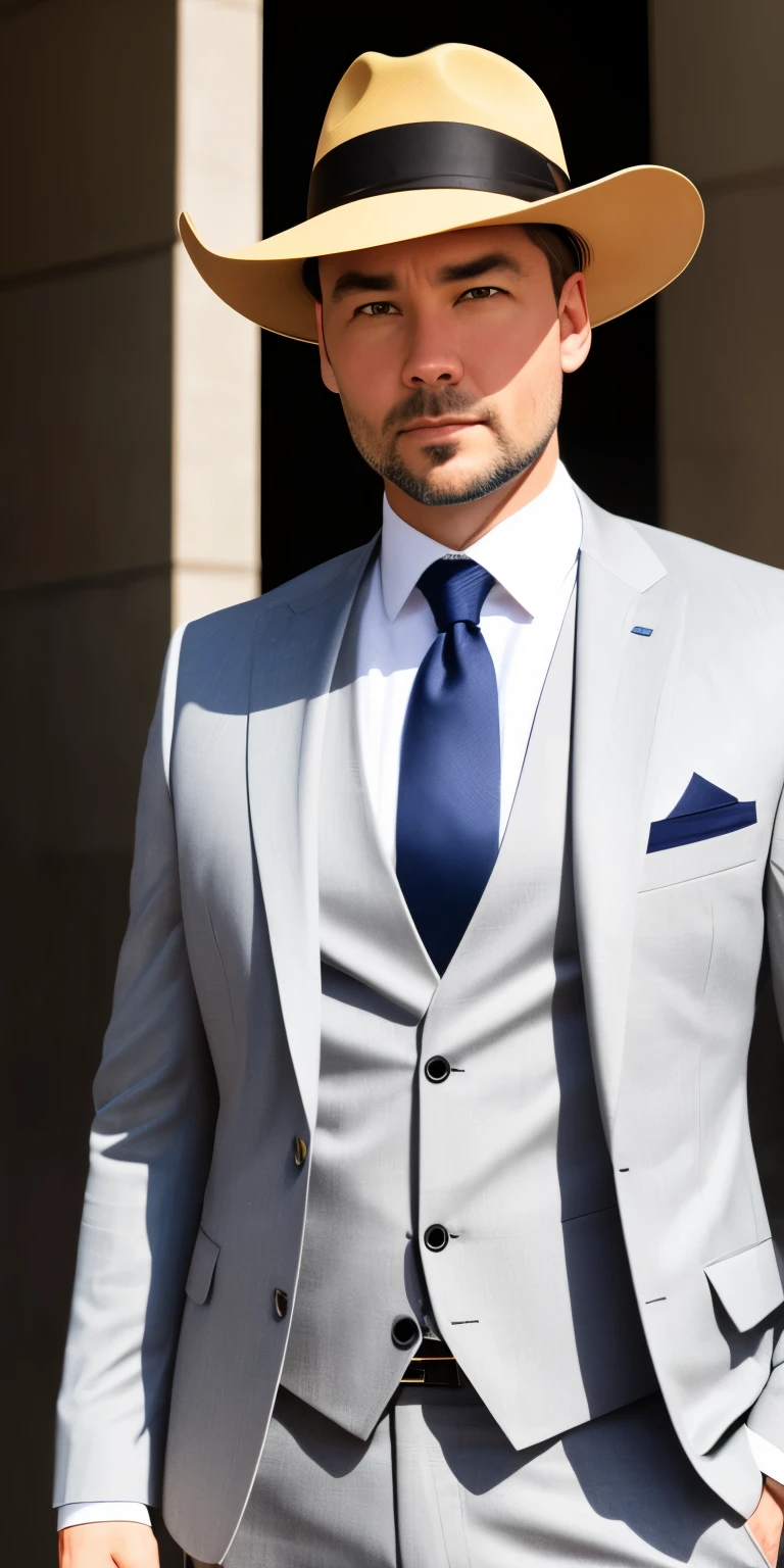 40-year-old man, mit grauem formellem Haar, wears a suit, hat einen Schnauzbart,  white skin tone, dunkelbraune Augen