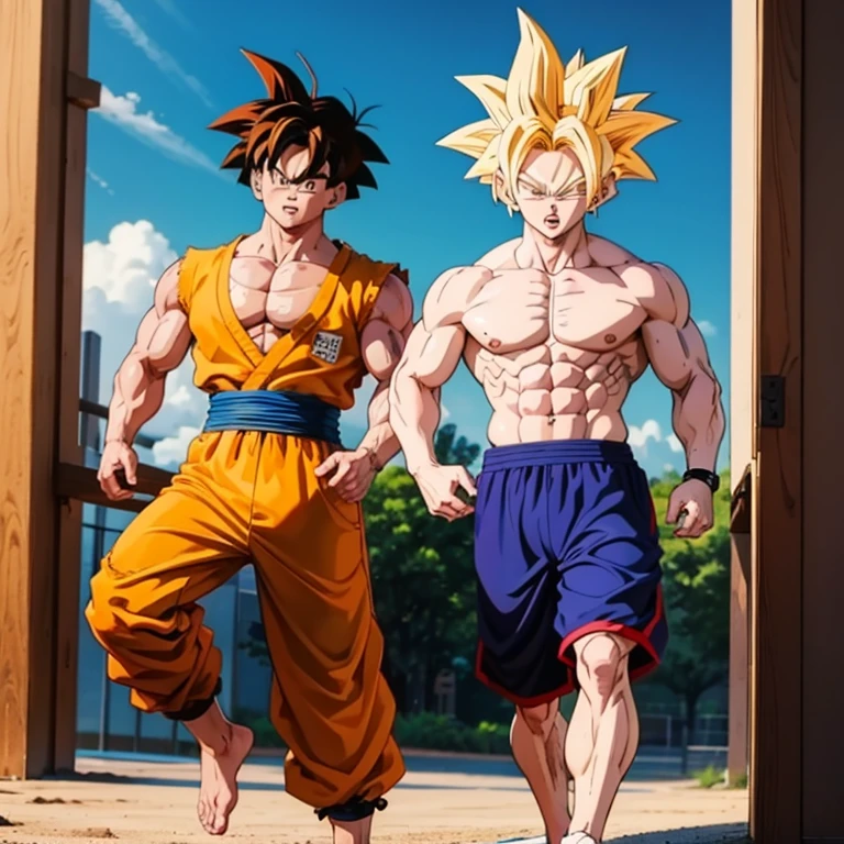 (Eine detaillierte Zeichnung von Son Goku, bodybuilding gym.), shirtless, barefoot
