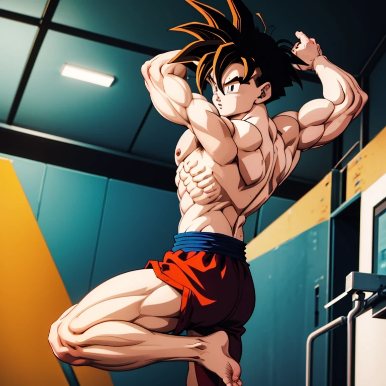 (Eine detaillierte Zeichnung von Son Goku, bodybuilding gym.), shirtless, barefoot