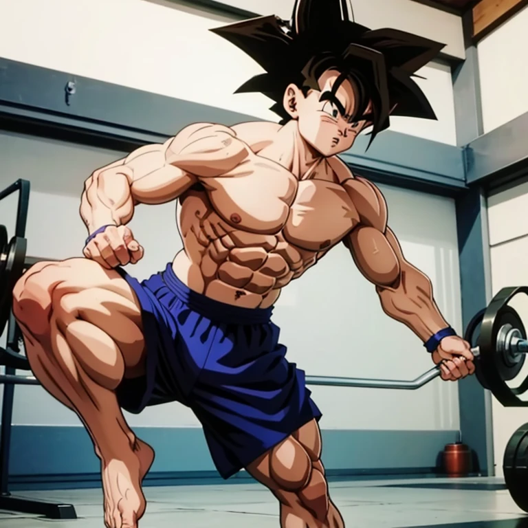 (Eine detaillierte Zeichnung von Son Goku, bodybuilding gym.), shirtless, barefoot