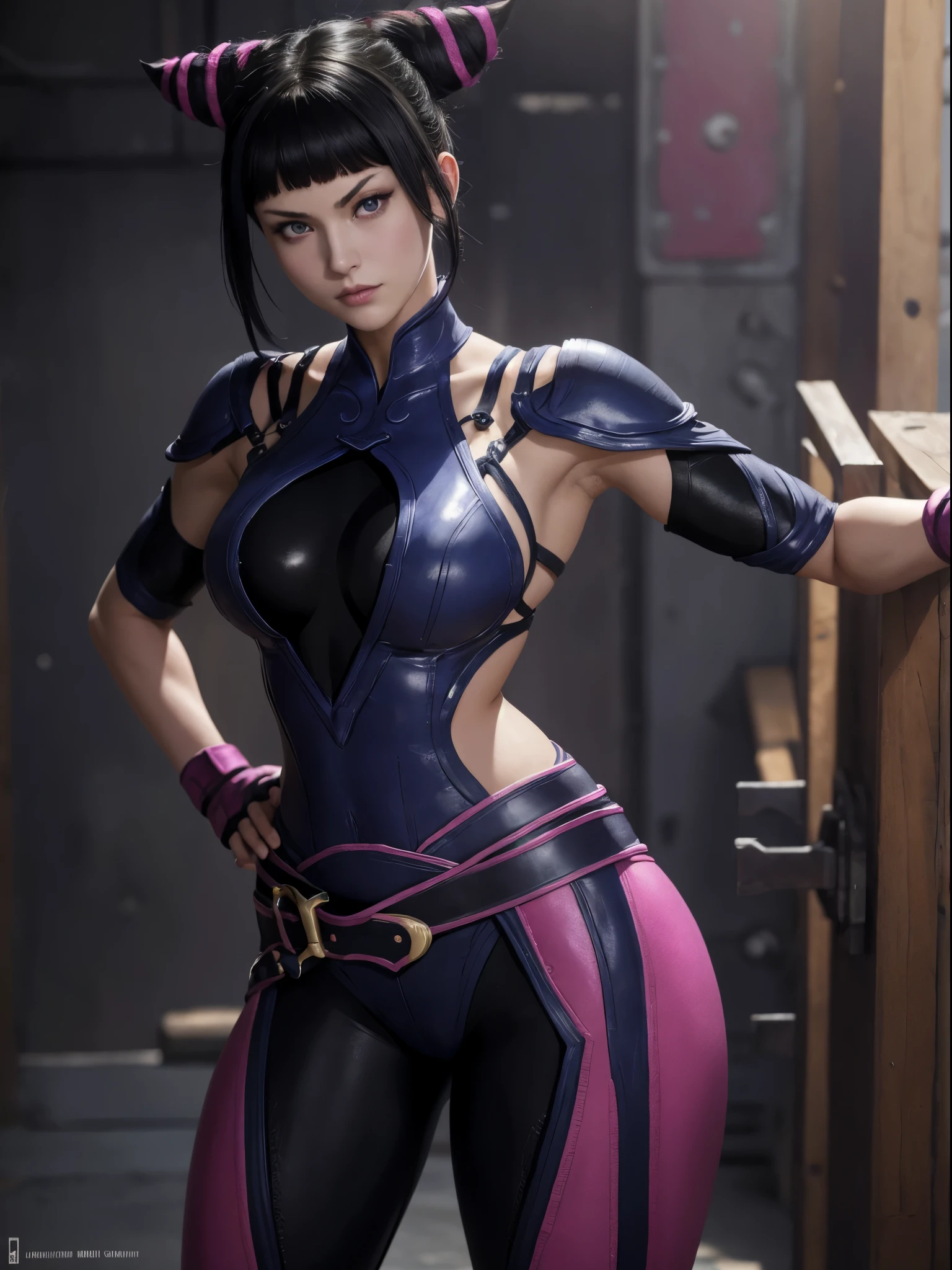 JuriMS, Juri Han, SFV, cornes de cheveux, (Masterpiece, Best quality:1.4), (debout:1.1), m(1fille), seulement, detailed background, profondeur de champ, volumeric lighting, mise au point nette, bonne anatomie, (m), 16K HDR,