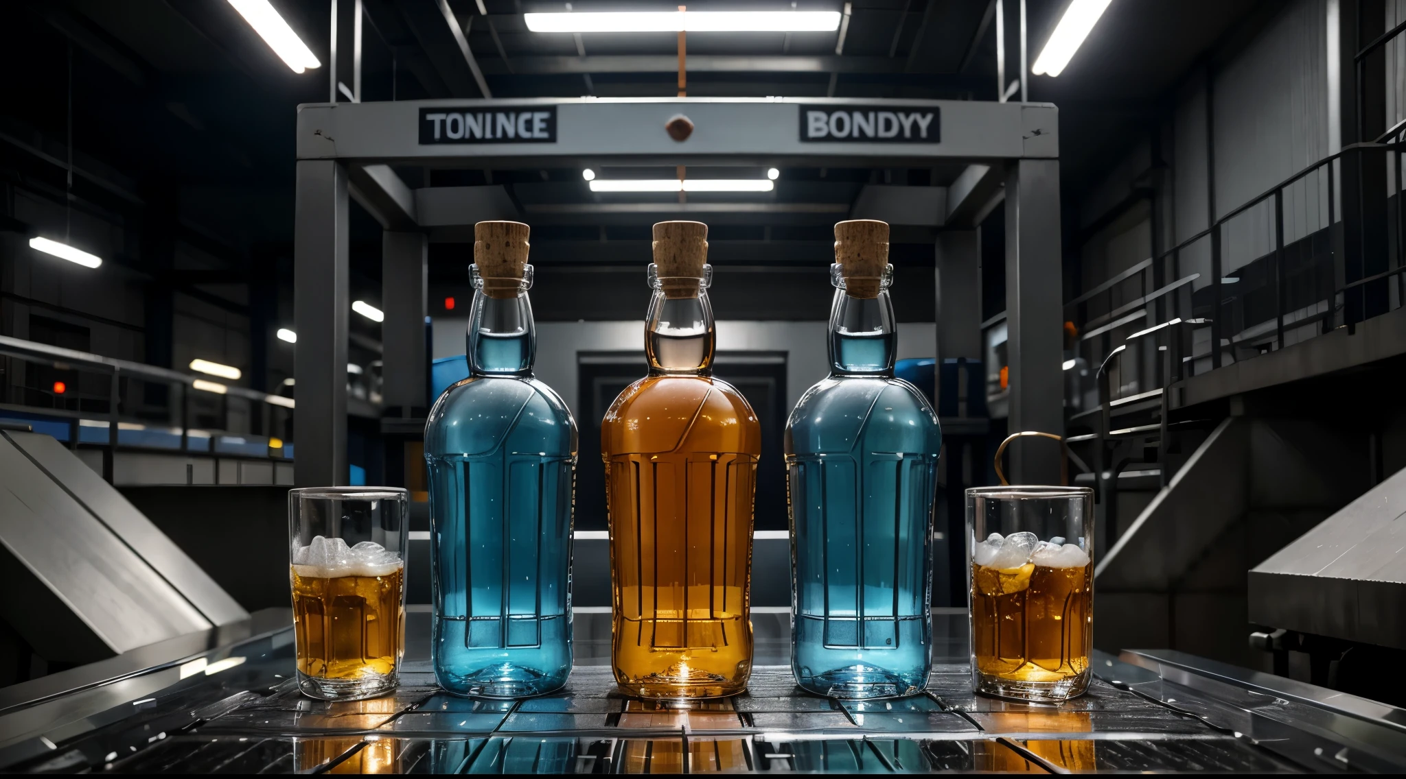 glass bottles of Gin on a conveyor belt in a factory with a blurry and orange light background, bottles, glass bottle of Gin, transparent background, robots drinking alcohol, beer bottles, bottle, glass vials, droplets flow down the bottle, interesting background, vials, captured in bottles, tilt shift glass background, industries, stock image, stock photo, schnapps, description, futuristic factory, realistic image, 16k resolution