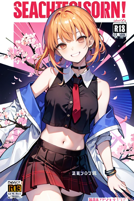 ​masterpiece、top-quality、full body Esbian、Female one、前髪ゆるみa choker、黒色のneck tie、a blond、青いskirt by the、red blush、A bracelet、breastsout、a choker、Clothing around the waist、鎖骨、襟付きThe shirt、cowboy  shot、ドレスThe shirt、ear piercings、Eyebrows visible through the hair、gradation hair、Grinning、gals、Pedras preciosas、コgals、long、Viewer's Perspective、緩んだneck tie、neck tie、piercings、Plaid、チェック柄skirt by the、プリーツskirt by the、Akame、gyuru、student clothes、The shirt、skirt by the、A smile、独奏、白い The shirt、Street、天空、petals under the cherry blossoms、illustratio、(magazine:1.3)、(Cover style:1.3)、Fashionable、femele、sano、garments、the pose、frontage、colourfull、Dynamic、Background with、element、Be confident、expresive、hold ing、statement、accessorized、yudai、coiled、surroundings、Touch、The scene、Texto、concealment、captures the attention、Titles、Stylish、Font、Catchy、headline、The large、Impression、moderno、Trendy、Concentration、lo fashion、Lying in bed、Tengaを持っている、ssex、Tenga