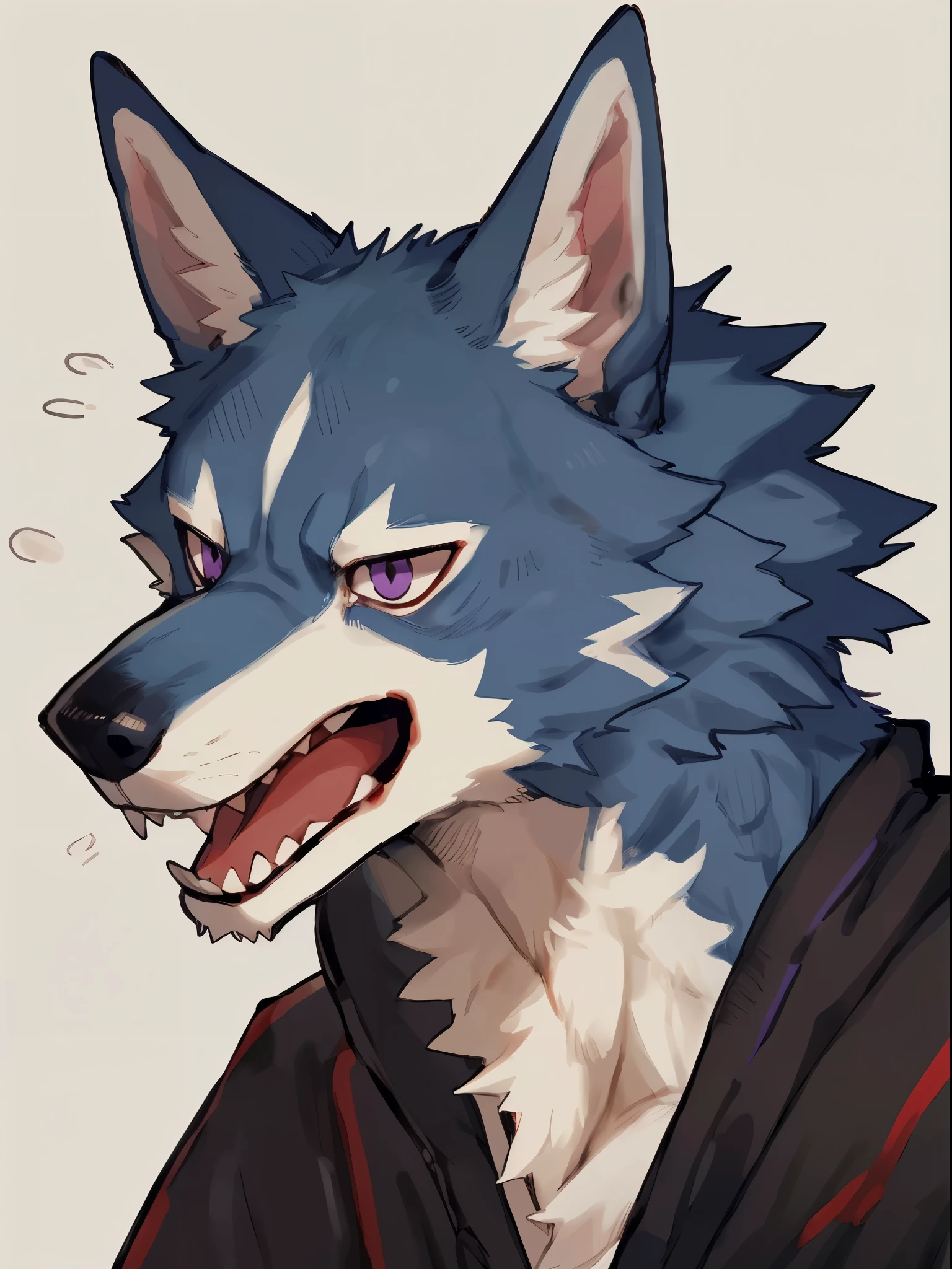 ((By Bebebebebe, by Zackary911, by K0BIT0WANI, by SpiritD, best quality, masterpiece, perfect anatomy, detailed picture)), 1male, skinny muscular, adult, wolf, dark blue furs, tail, dark purple eyes, focus in face, smile sharp teeth
