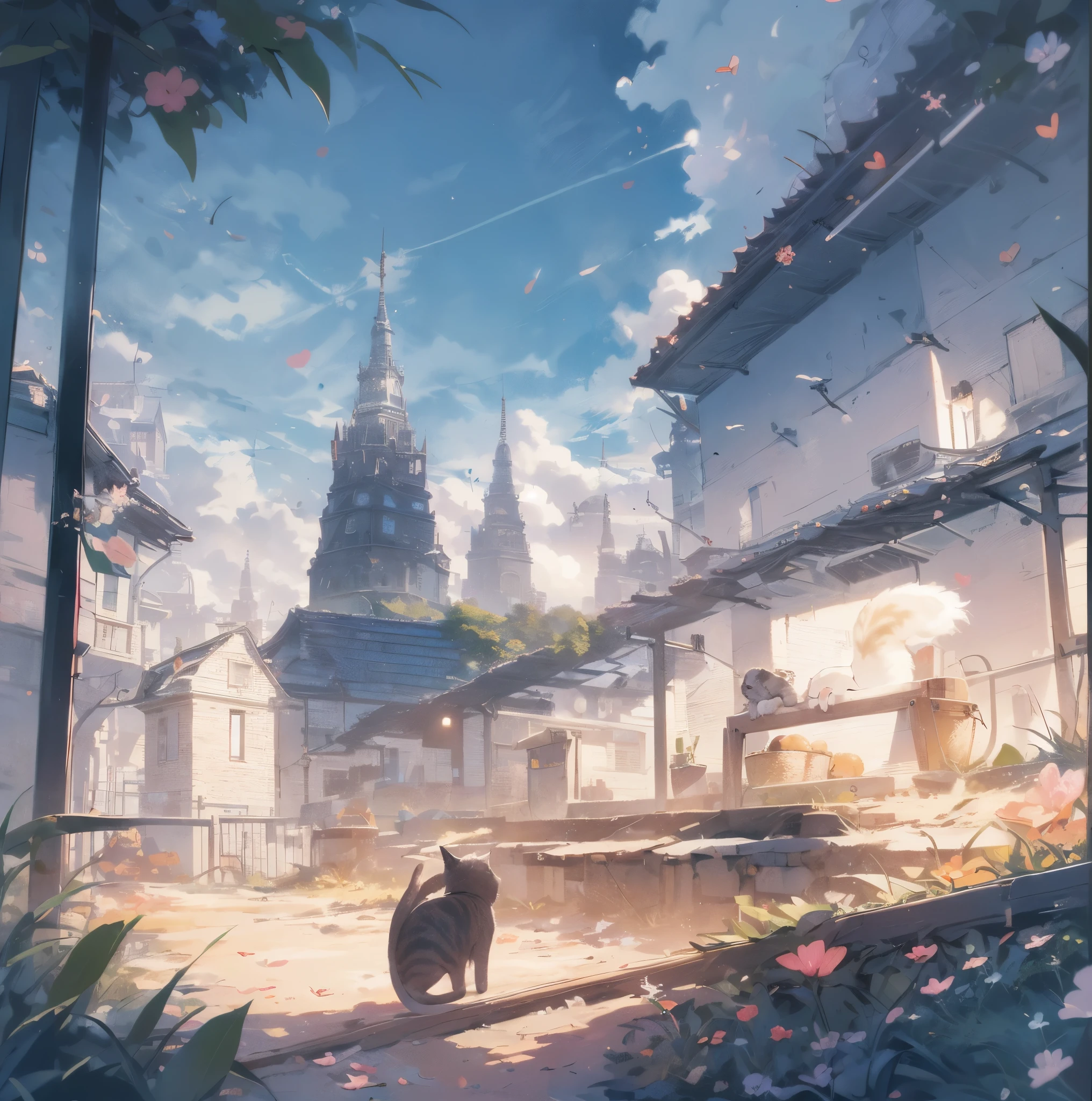 absurderes, ultra-detailliert,bright colour,(8K:1.5),masuter piece,Hearts fly,Bright scenery、For that, blue open sky,(Deep Blue Eyes:1.4) Valley、Pink skin、Summer morning、(Cat's Paradise),