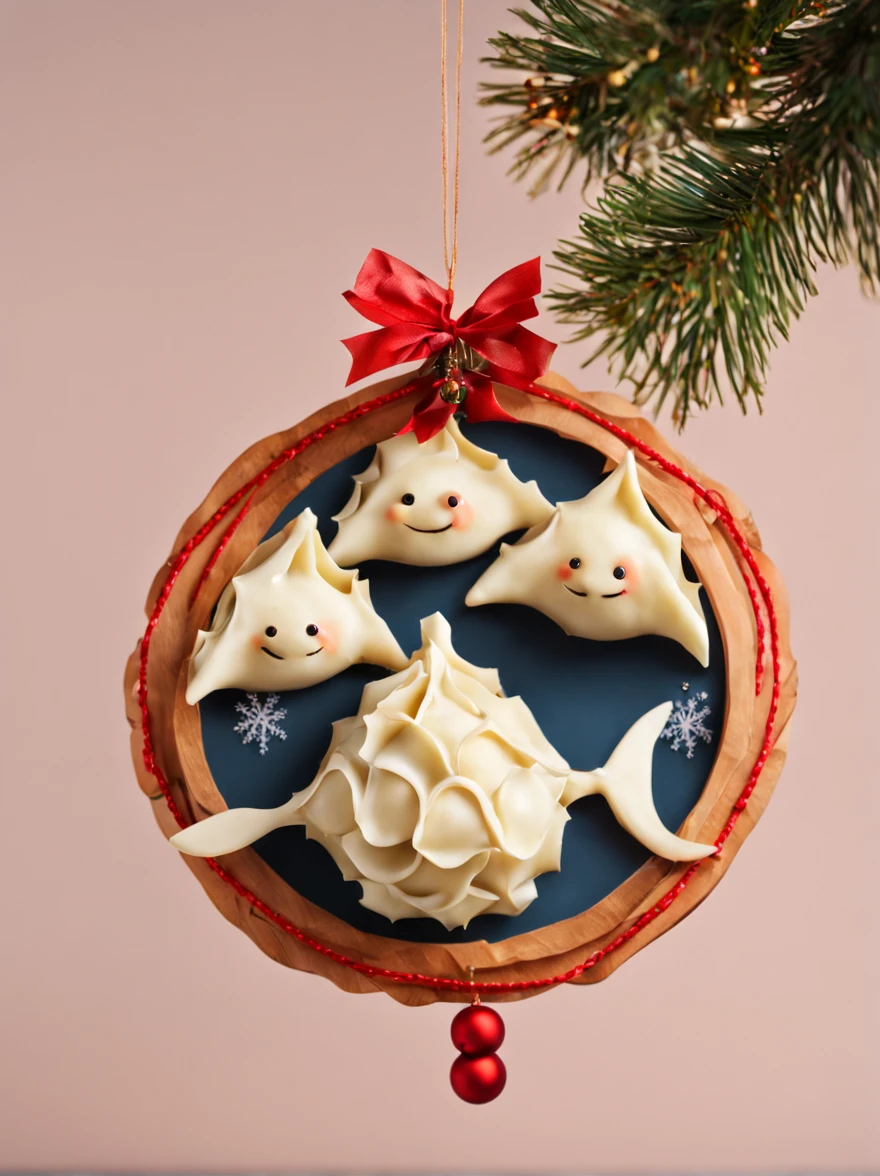 Christmas tree decorated with dumplings and dumplings, Christmas decorations in the form of dumplings, Christmas tree decorations in the form of dumplings, Christmas decorations in the form of manta rays, Christmas tree decorated with manta rays