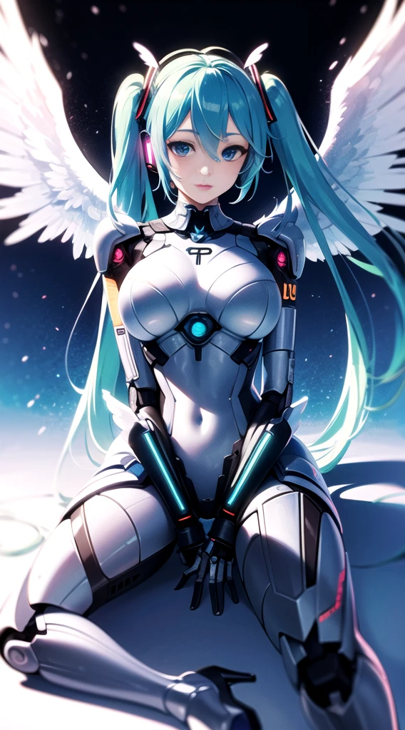 hatunemiku VOCALOID, twintail, turquoise hair, mecha, 1girl, cyberpunk, big breasts, realistic, mechanical parts, {{{{Angel wings}}}}, robot joints, headgear, full armor, armor color{{{{white}}}}, beautiful art, 8k cg wallpaper,