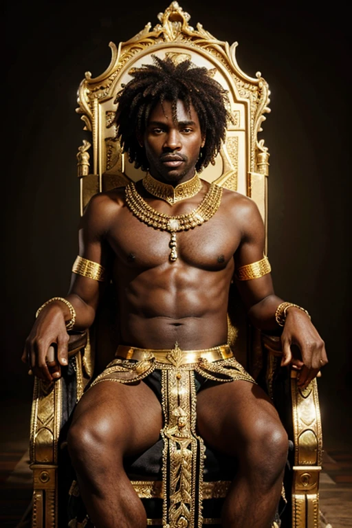 black African king sitting on a throne made of pure gold 8k quality realistic details