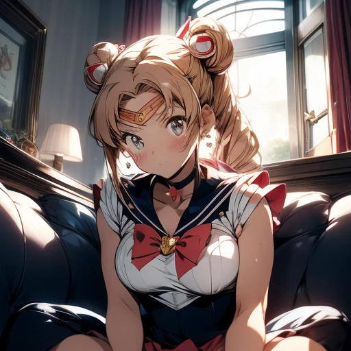 (masutepiece),(Sailor Moon) Best Quality, FULL BODYSHOT, Expressive eyes, Perfect face, 1girl in, medium breasts, good breasts, Beautiful, Gorgeous ,round breast, sitting in the couch, Blonde girl, medium shot, Indoors, labo, cleavage, Rabbit, Double bun, Twin-tailed, Parted bangs, circlet, Jewelry, earrings, Choker, Red bow, White Gloves, elbow groves, Blue skirt, Feminine, Blushing, Serena "Sailor Moon", masturbation from below, grabbing her own breasts, One girl, Sit on the floor, Spread your legs, Raise your legs