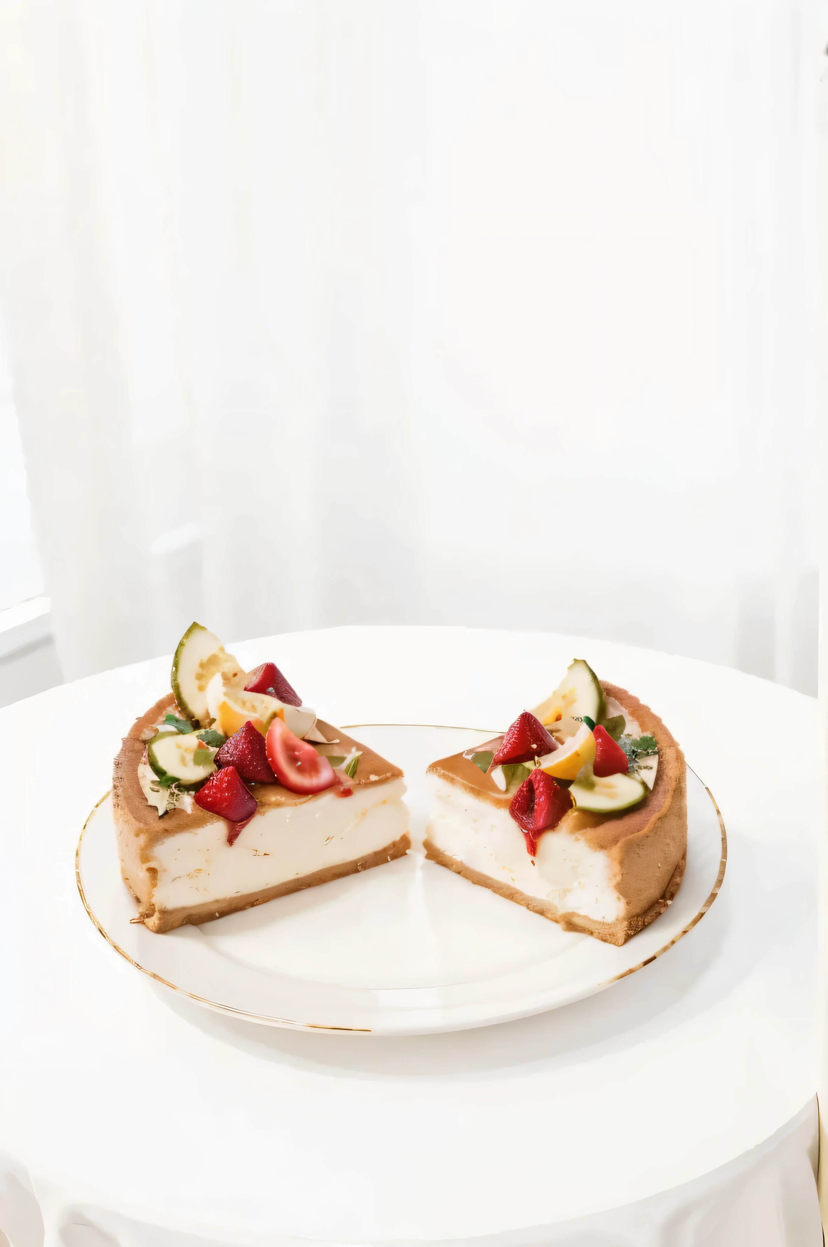 (2 slices cheesecake)(Have good natural light),((The background is inside the bedroom of the villa)),high tea,((Depth of field effect)),(There is a set of cutlery on the table),(and a drink), Best quality, A high-resolution masterpiece,Highqualityshadow, realistically,