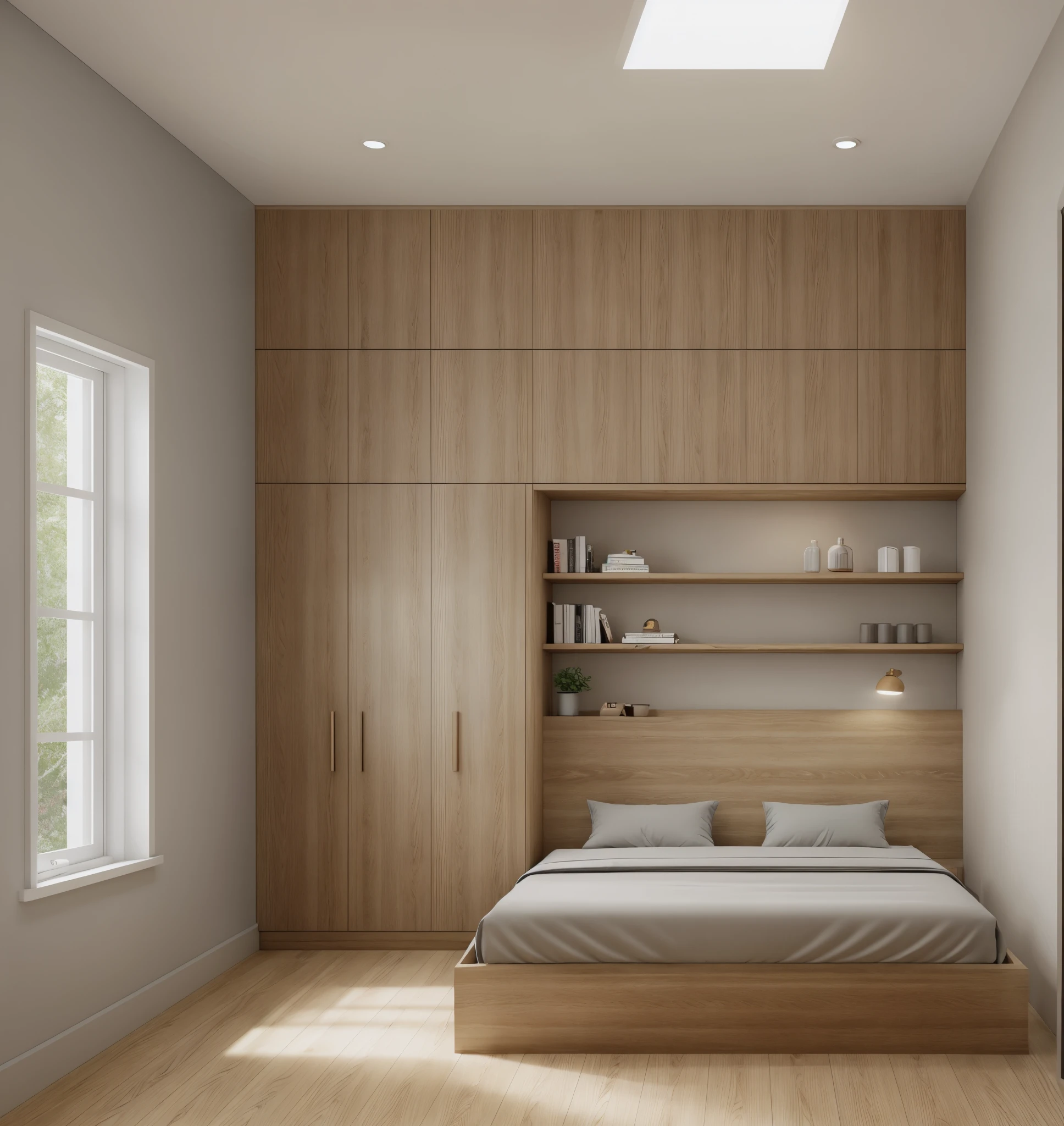 Bedroom, oak industrial wood furniture, 1 oak wardrobe, oak bedside shelf, 1 oak bed, 1 set of windows + gray glass curtains, glossy white flat plaster ceiling, trim gray painted ceiling, with lights, night light, light gray stone ceramic tile floor, perfect design, realistic reflected light, ue 5 render 8k,"Real photo, modern room design, design stunning, modern style, shadows, volumetric lighting, shadows, high end photography, fidelity, bright details, sharp, unique, award winning photography, Canon EOS 5D DSLR Camera Mark IV, f/ 6, ISO 100, 1/sec, uhd, 8k, natural soft light Of course, best quality, Super high resolution, sharp focus"