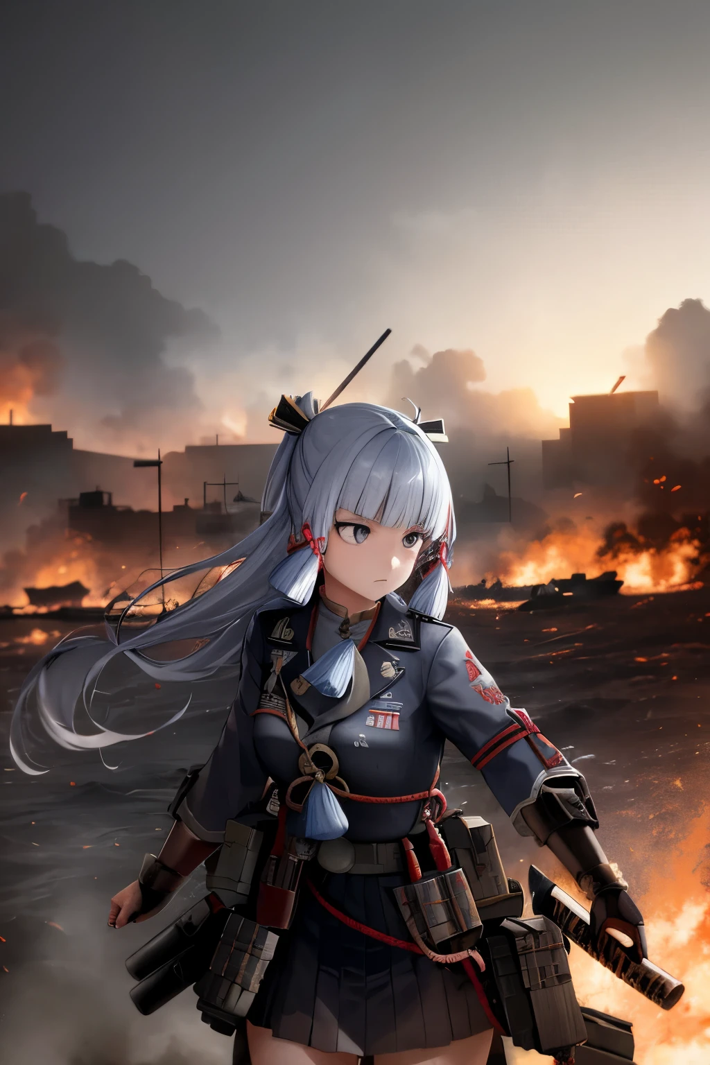(realistic battlefield, war-torn Pacific island, high resolution),
Ayaka (Genshin Impact) charges into the tumultuous battlefield on a Pacific island during World War II, clad in a historically accurate Japanese military uniform and wielding a katana. The background mirrors the gritty and chaotic atmosphere reminiscent of the Pacific theater, drawing inspiration from the intense visuals seen in Battlefield 5.

The landscape is scarred by war — palm trees sway amidst the smoke, remnants of structures hint at the island's previous serenity, and explosions punctuate the air. The scene captures the relentless ferocity of conflict and the challenges faced by those who fought in the Pacific theater during World War II.

This composition aims to immerse Ayaka in the brutal realism of the battlefield, offering a powerful visual narrative that pays homage to the historical context while infusing elements from the intense atmosphere of Battlefield 5.