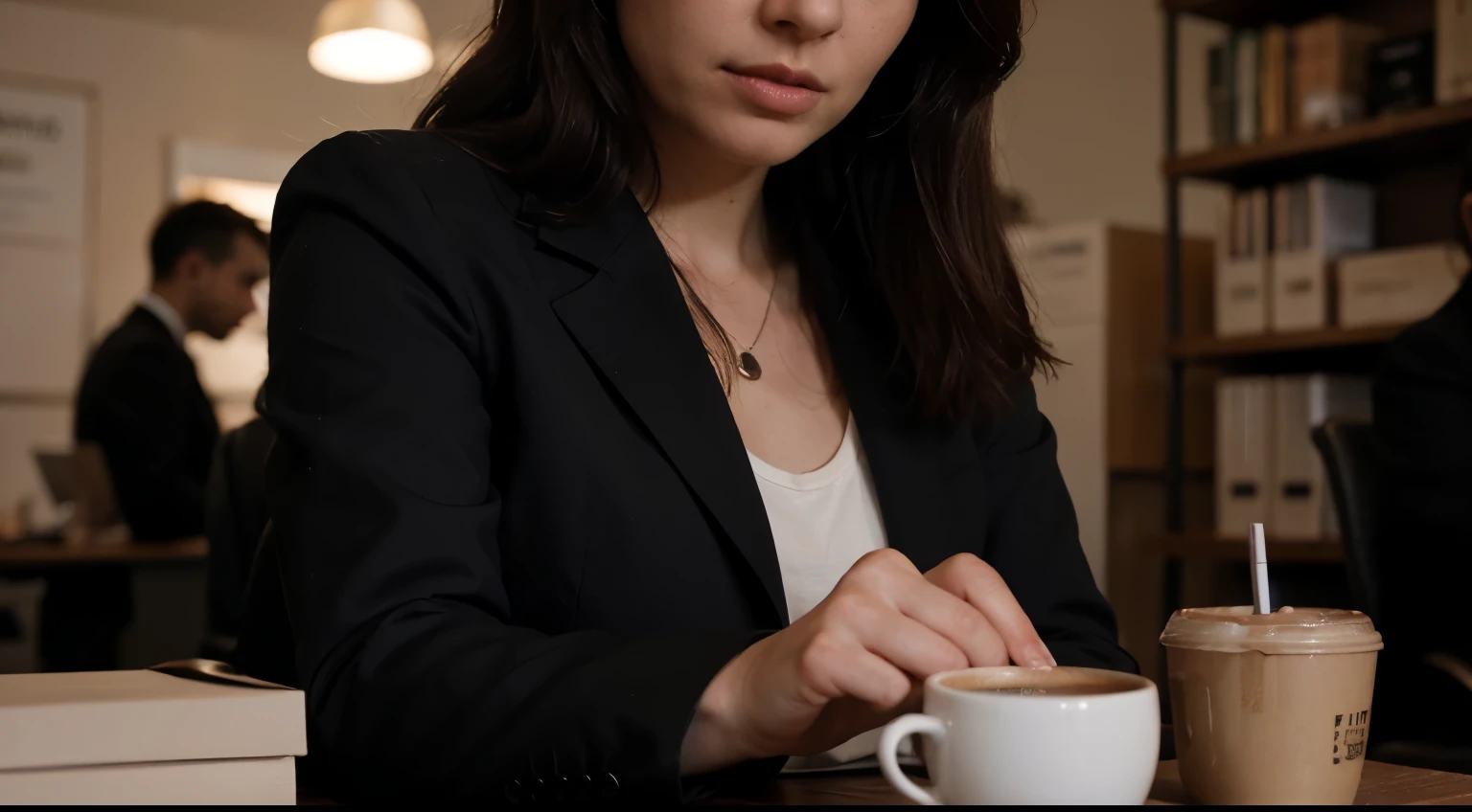 Close-up of a hand reaching for the communal coffee pot, emphasizing her desperate need for caffeine, black business suit,8k ultra HD image, cinematic composition, realistic photograph, highly detailed image.