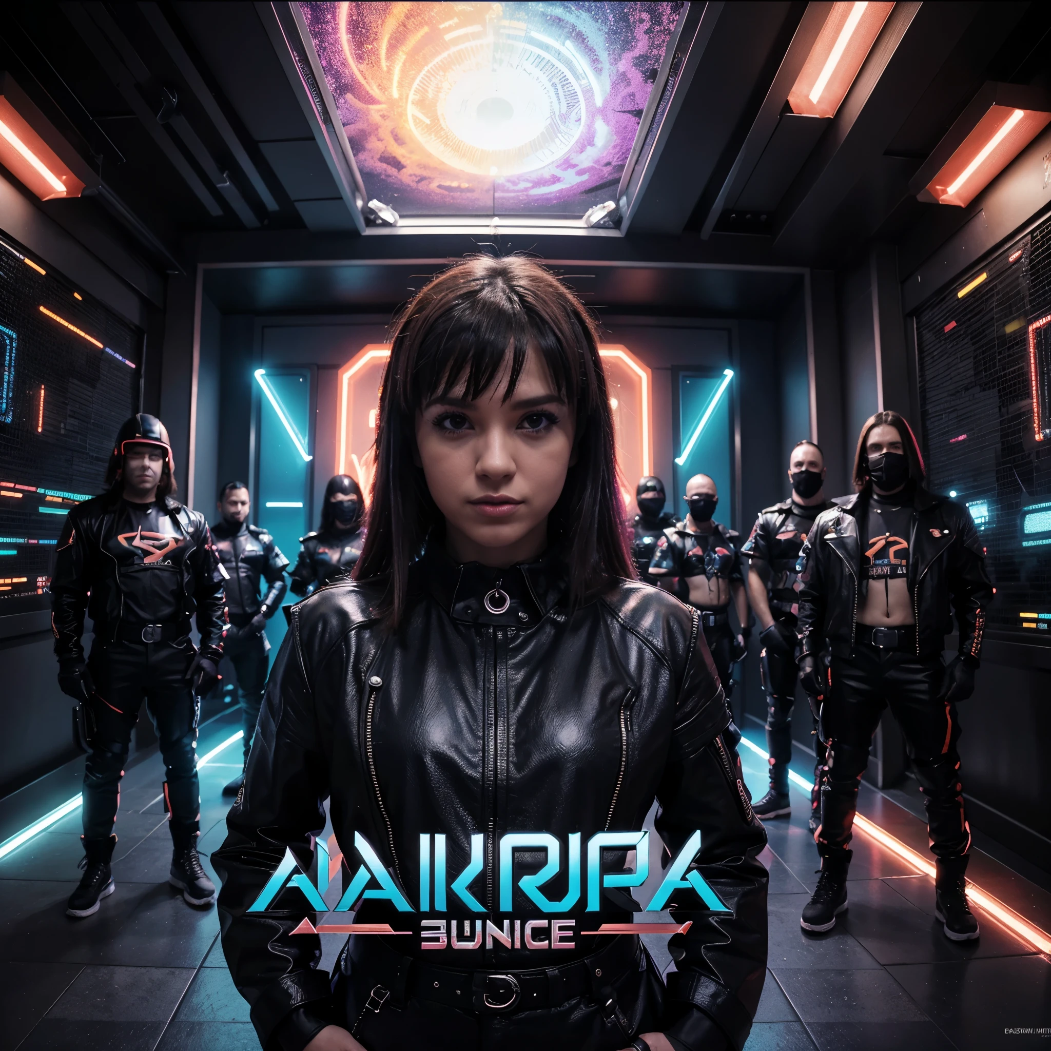 A band album cover,eurodance (melhor qualidade,48 mil,Altas,master part:1.2),ultra-realistic, cores vibrantes, dynamic lighting, acabamento brilhante, Futuristic Design, energy atmosphere, neon lights, Tipografia elegante
