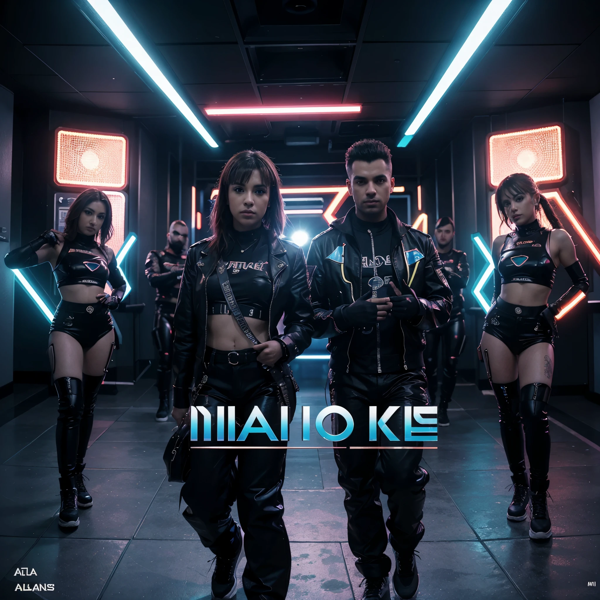 A band album cover,eurodance (melhor qualidade,48 mil,Altas,master part:1.2),ultra-realistic, cores vibrantes, dynamic lighting, acabamento brilhante, Futuristic Design, energy atmosphere, neon lights, Tipografia elegante
