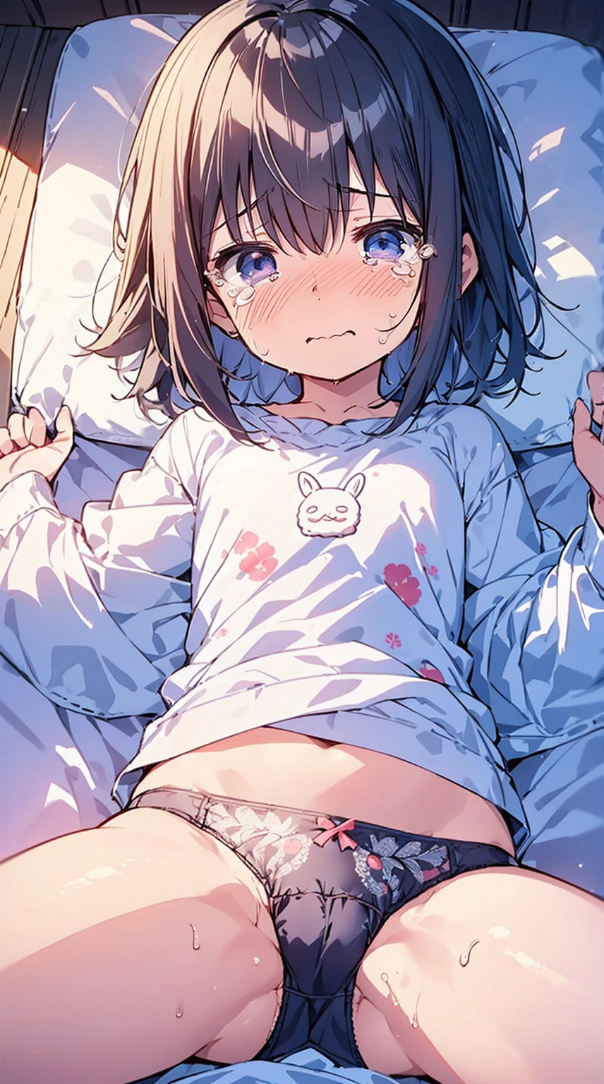 masutepiece, Best Quality,Illustration, Wallpaper, Ultra Detail,  Girl、((fear:1.5))、(Teary-eyed:1.5)、(((Cute underwear)))、She makes me lie down and spread my legs.