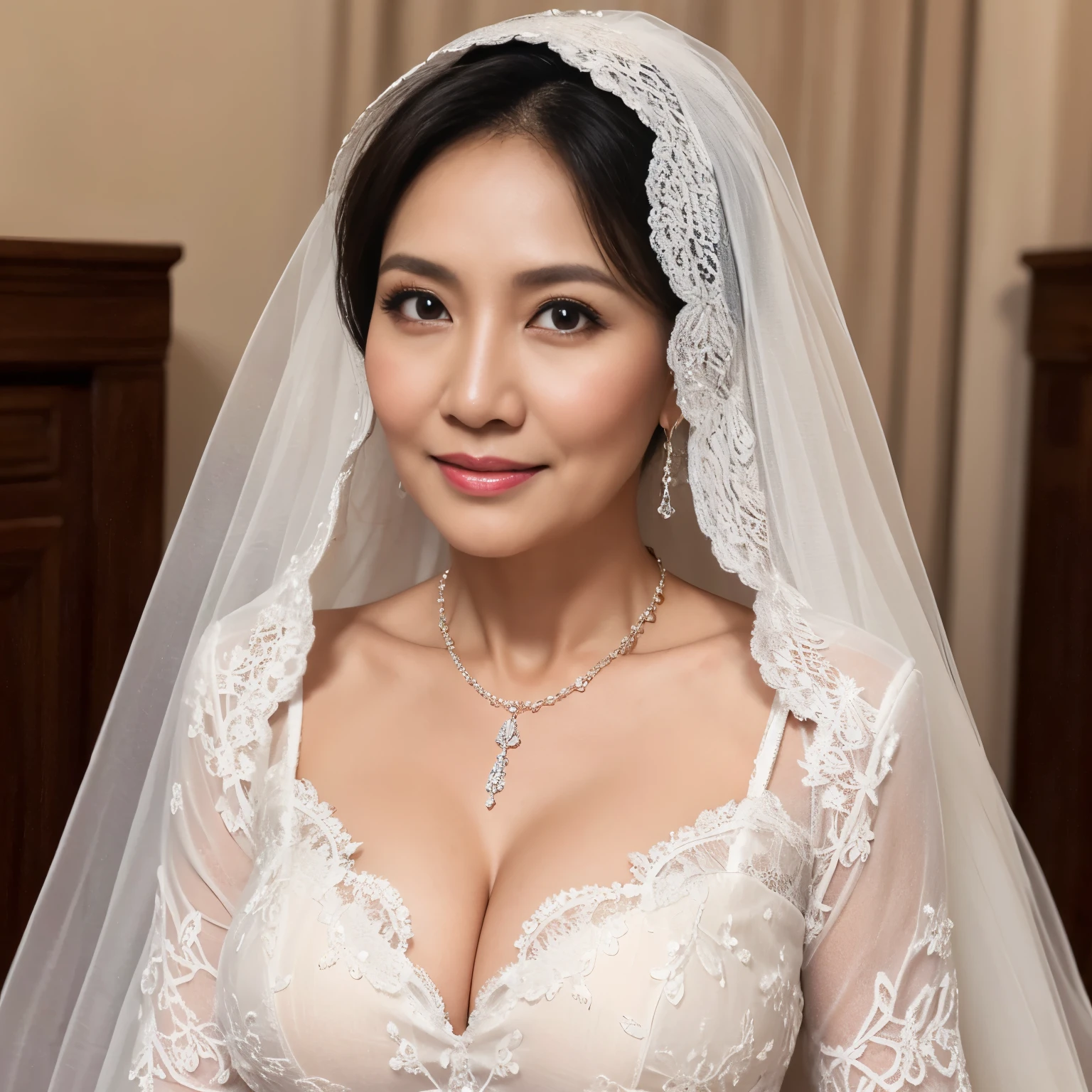 Girl with huge breasts wearing a bra and a wedding dress with a lace neckline with a veil and a bouquet in a Japanese courtyard