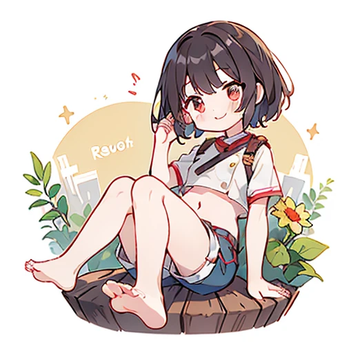 (top-quality、masterpiece)、 1 人、feet pose、Smile、laught、croptop、Shorts、red blush、looking at viewert、cute little、white backgrounid