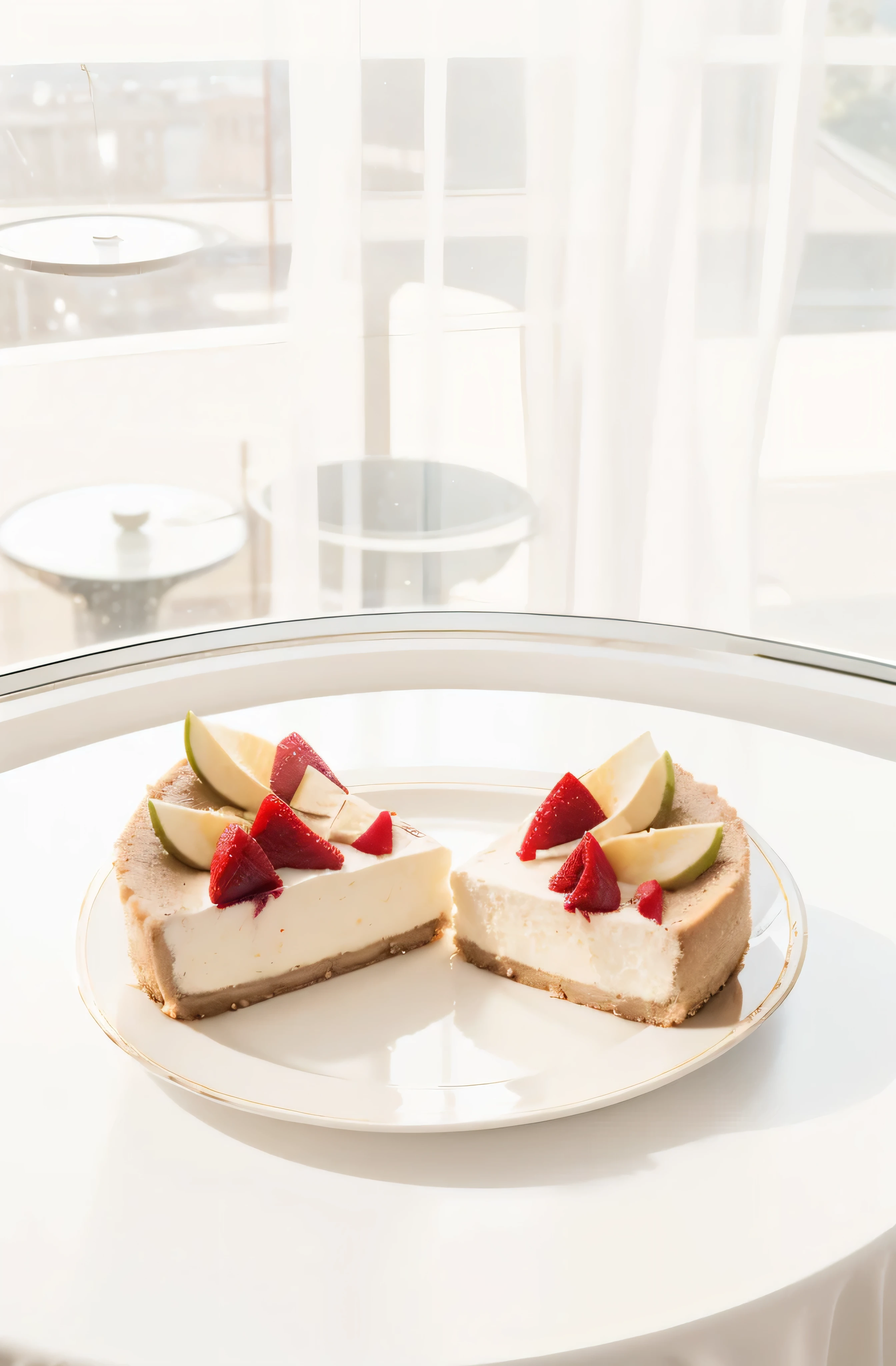 (2 slices cheesecake)(Have good natural light),((There is a window in the background)),high tea,((Depth of field effect)),(There is a set of cutlery on the table),(and a drink), Best quality, A high-resolution masterpiece,Highqualityshadow, realistically,