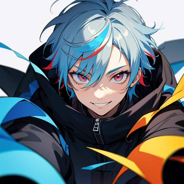 1 adult man, multicolored eyes, light blue hair, dark gray hair, multicolored hair, smiling, black long jacket, sarcastic