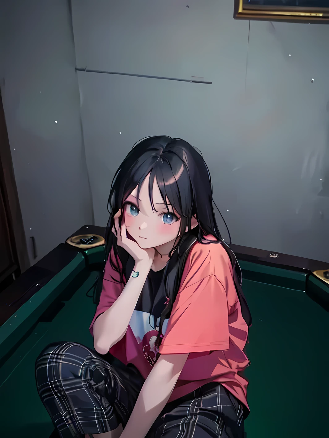anime girl sitting on a pool table with her hand on her chin, artwork in the style of guweiz, guweiz, realistic anime 3 d style, anime vibes, lofi portrait, Lofi Girl, Anime style. 8K, digital anime illustration, anime girl, lofi artstyle, realistic anime style, made with anime painter studio, Anime Aesthetics
