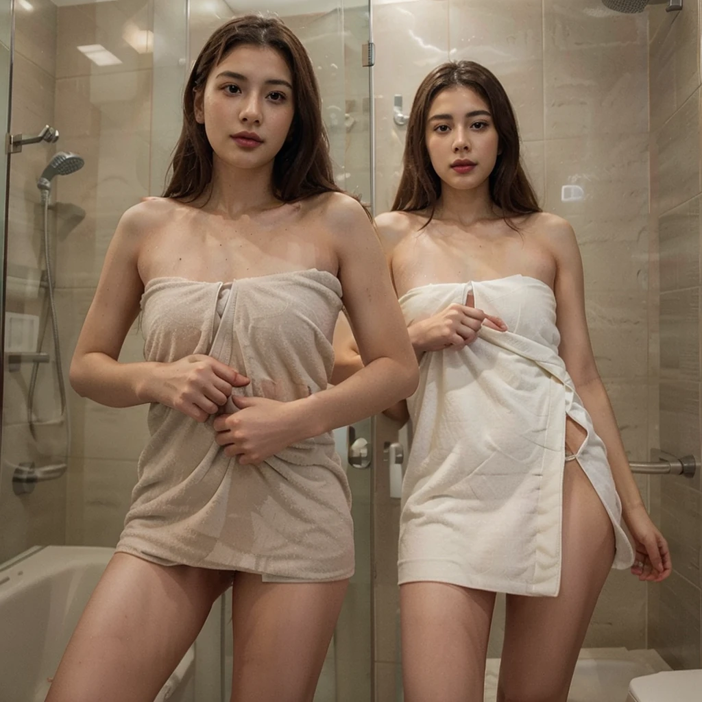 spanish girl ,en ropa interior,in a bathroom,muchos detalles,Ultra 4K,(pechos naturales),acariciando su cabello,su cabello es ondulado,labios pintados de color rojo,with a friend watching her