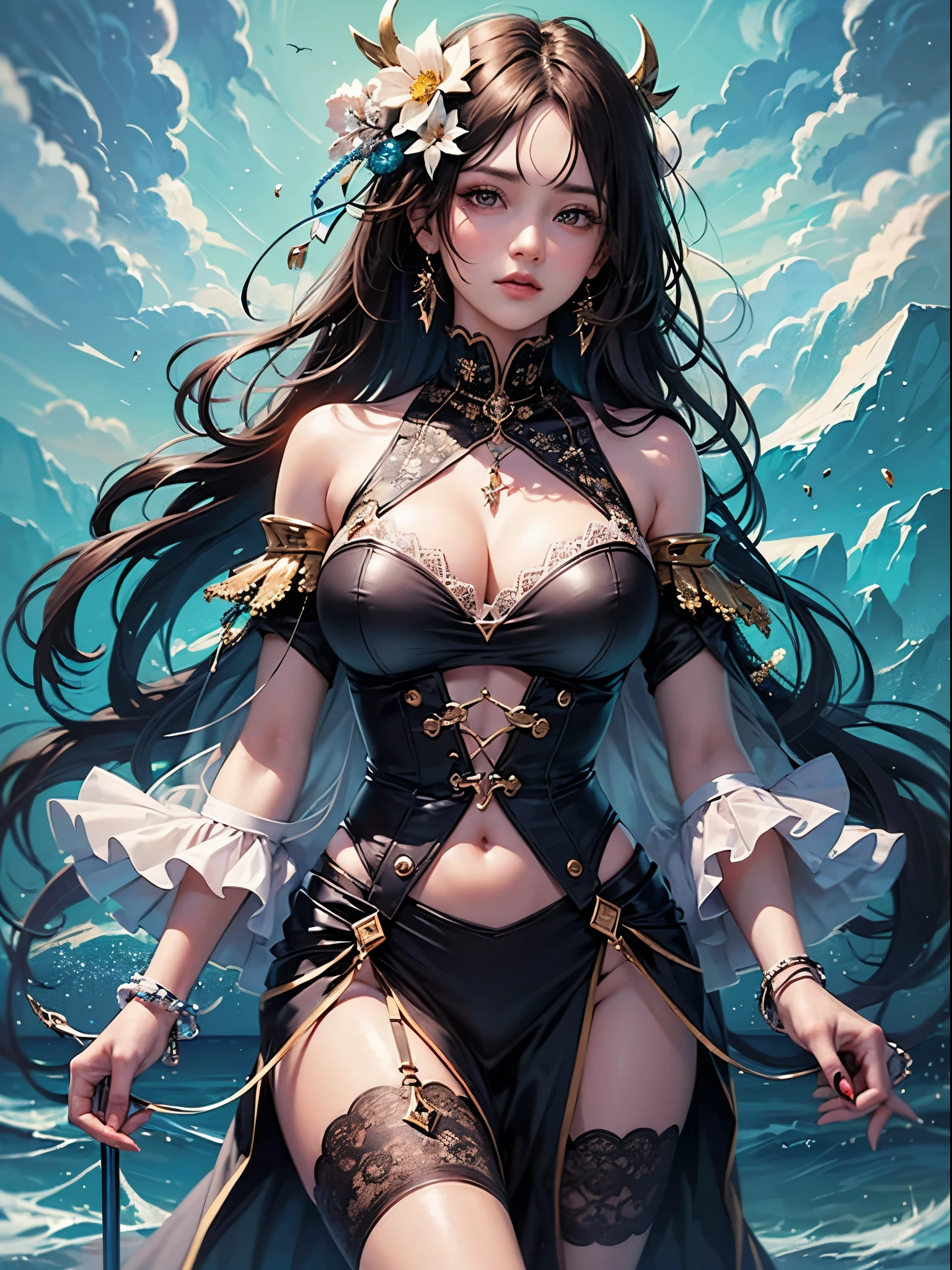 art, Unity 8k壁纸, Ultra-detailed, Beautiful and aesthetically pleasing, (s fractal art: 1.3), flower, girls, (Hairstyles: Long hair) Ocean, Extremely detailed, Cowboy shot, The most beautiful, Seafoam, Buble, cute big breasts, ultra quality, random background, random dress, --auto --s2