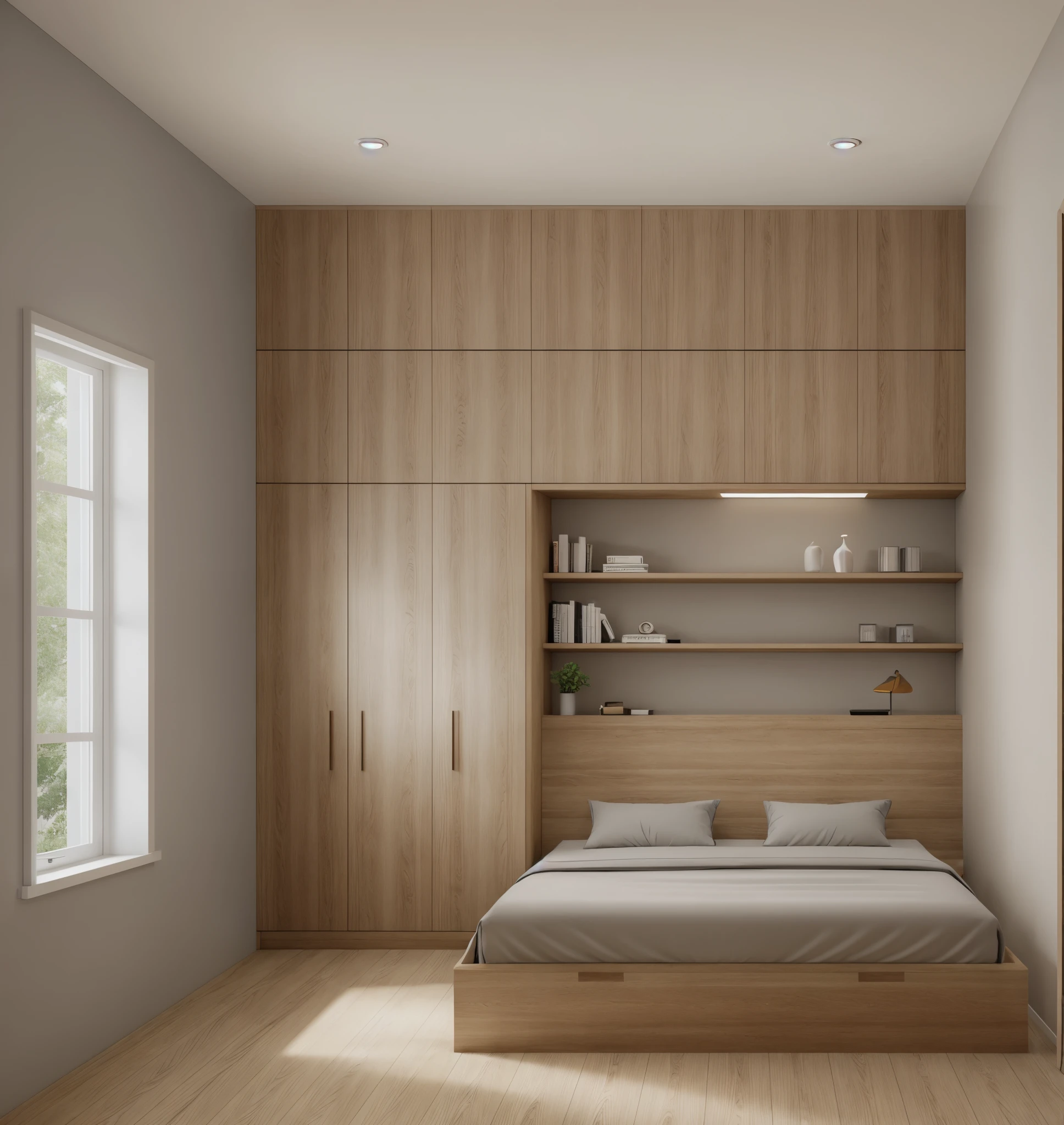 Bedroom, oak industrial wood furniture, 1 oak wardrobe, oak bedside shelf, 1 oak bed, 1 set of windows + gray glass curtains, glossy white flat plaster ceiling, trim gray painted ceiling, with lights, night light, light gray stone ceramic tile floor, perfect design, realistic reflected light, ue 5 render 8k,"Real photo, modern room design, design stunning, modern style, shadows, volumetric lighting, shadows, high end photography, fidelity, bright details, sharp, unique, award winning photography, Canon EOS 5D DSLR Camera Mark IV, f/ 6, ISO 100, 1/sec, uhd, 8k, natural soft light Of course, best quality, Super high resolution, sharp focus"
