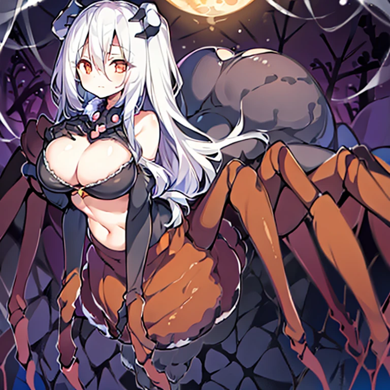Female creatures, (Arachne), ((Multiple legs)), ((tarantula'Thick legs wrapped around my neck)), White fur, Highest Quality, (Whole body), masutepiece, Ultra-fine illustration, slender , Fluffy cave, spider webs, spider webs,girl with(twinsies)(Captive)(A large amount of spider thread is wrapped around,he is holding and catching with both hands.) Girl with a puzzled expression boob chalk