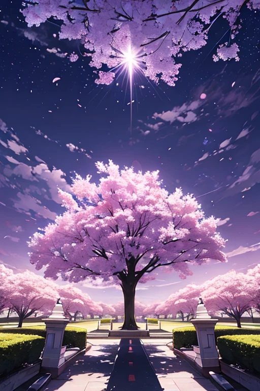 The whole big school....,There is only one giant cherry tree in the middle of the school....,The leaves of cherry blossoms resemble stars....,Morning sky,The main color of the school is white.......,The school's emblem is three consecutive swords.....,Innovative look,There are students dressed in black...., White pants or skirt.,Looking from the sky,There is a large ring in the purple sky around the school....