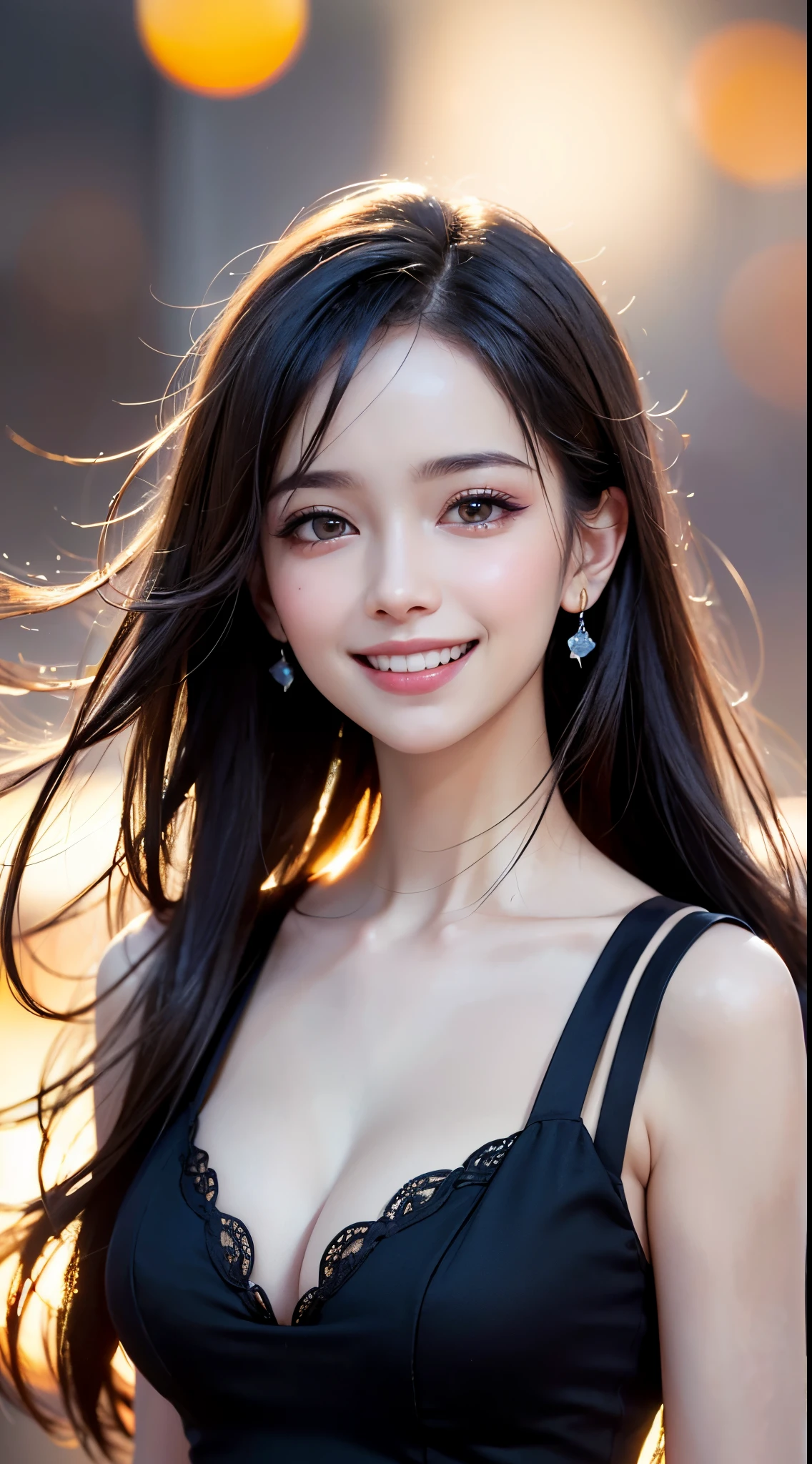 (UHD, retina, masterpiece, accurate, anatomically correct, textured skin, super detail, high details, high quality, best quality, high res, 1080P, HD, 4K, 8k, 16k), (beautiful detailed eyes, beautiful detailed lips, extremely detailed eyes and face), studio lighting, physically-based rendering, vivid colors, (large breasts, glamorous body), (portrait, shiny hair, shiny skin, blush, hair blowing in the wind), ( background, bokeh:1.5), eye reflection, jet black hair, (smile and laugh:1.5),