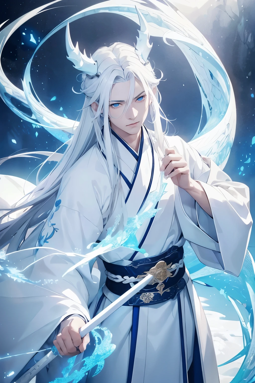 1boy, white ice dragon demi-human, adult, masculine, pretty face, traditional chinese, very long open white hair, white eyelashes, light blue eyes, loose kimono in white light blue, ice pattern, snowflakes pattern, hanfu belt, holds a ice magic staff in hand, dragon horns, dragon tail