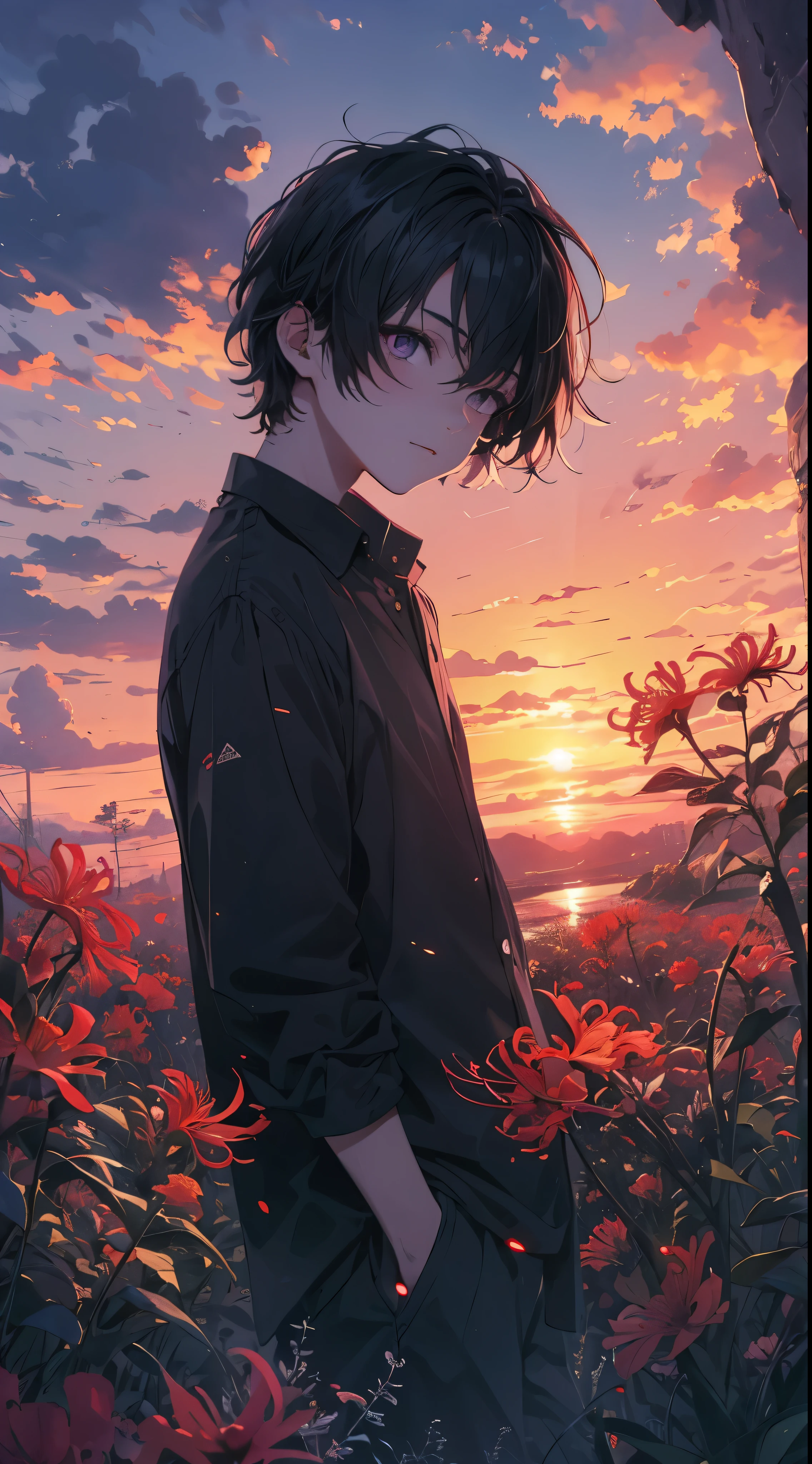Beautiful young man, Black hair, Black blouse, Purple eyes, I have a red mandarin flower, standing under the beautiful sunset sky, soft sunset light, calm and romantic atmosphere,High quality, amount of drawing, pixiv illustration