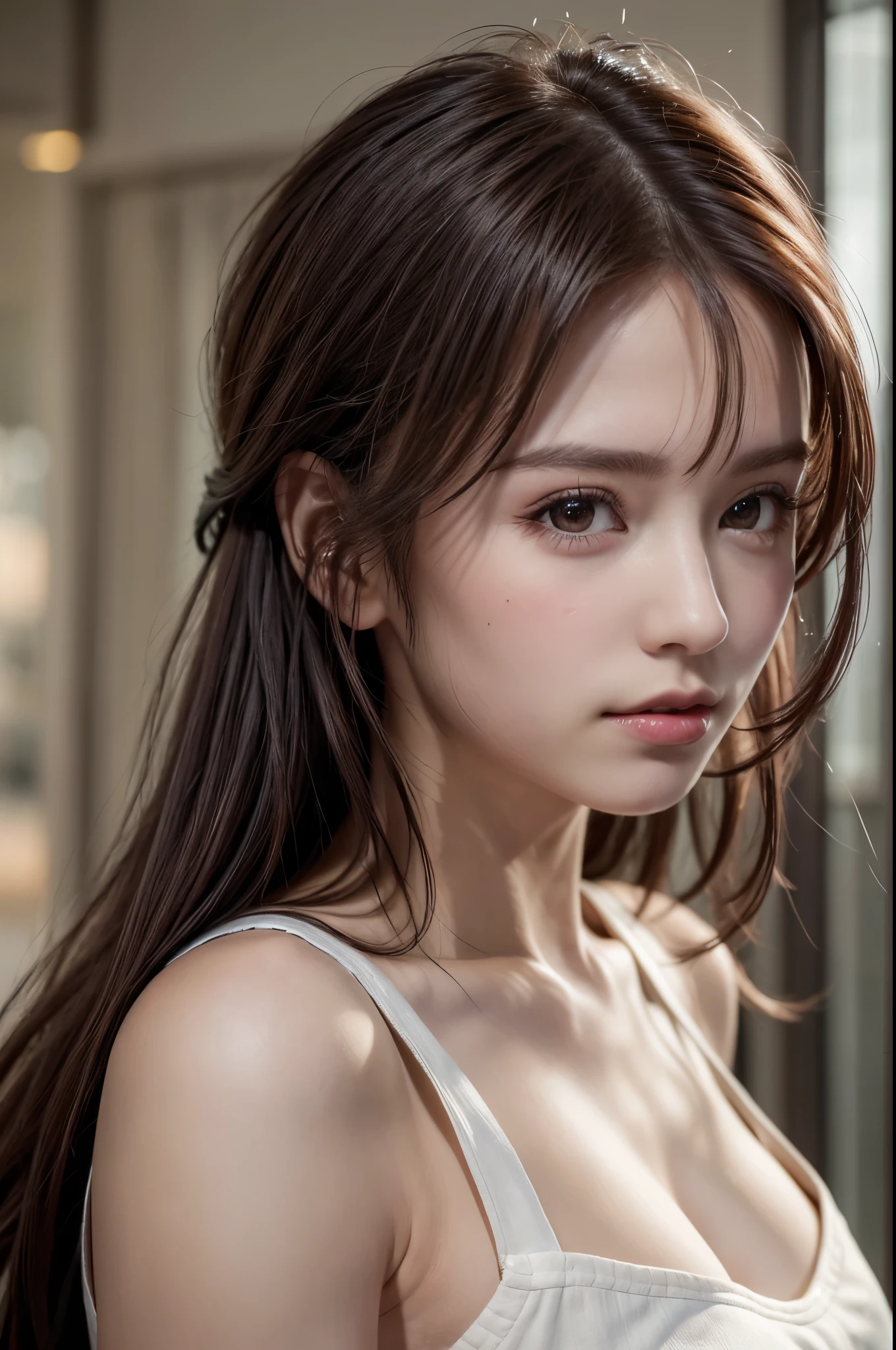 8K, of the highest quality, masutepiece:1.2), (Realistic, Photorealsitic:1.37), of the highest quality, masutepiece, Beautiful young woman, Pensive expression, Gentle eyes, Apron naked、Lovers、Hair tied back, Messy mood, Cinematic background, Light skin tone