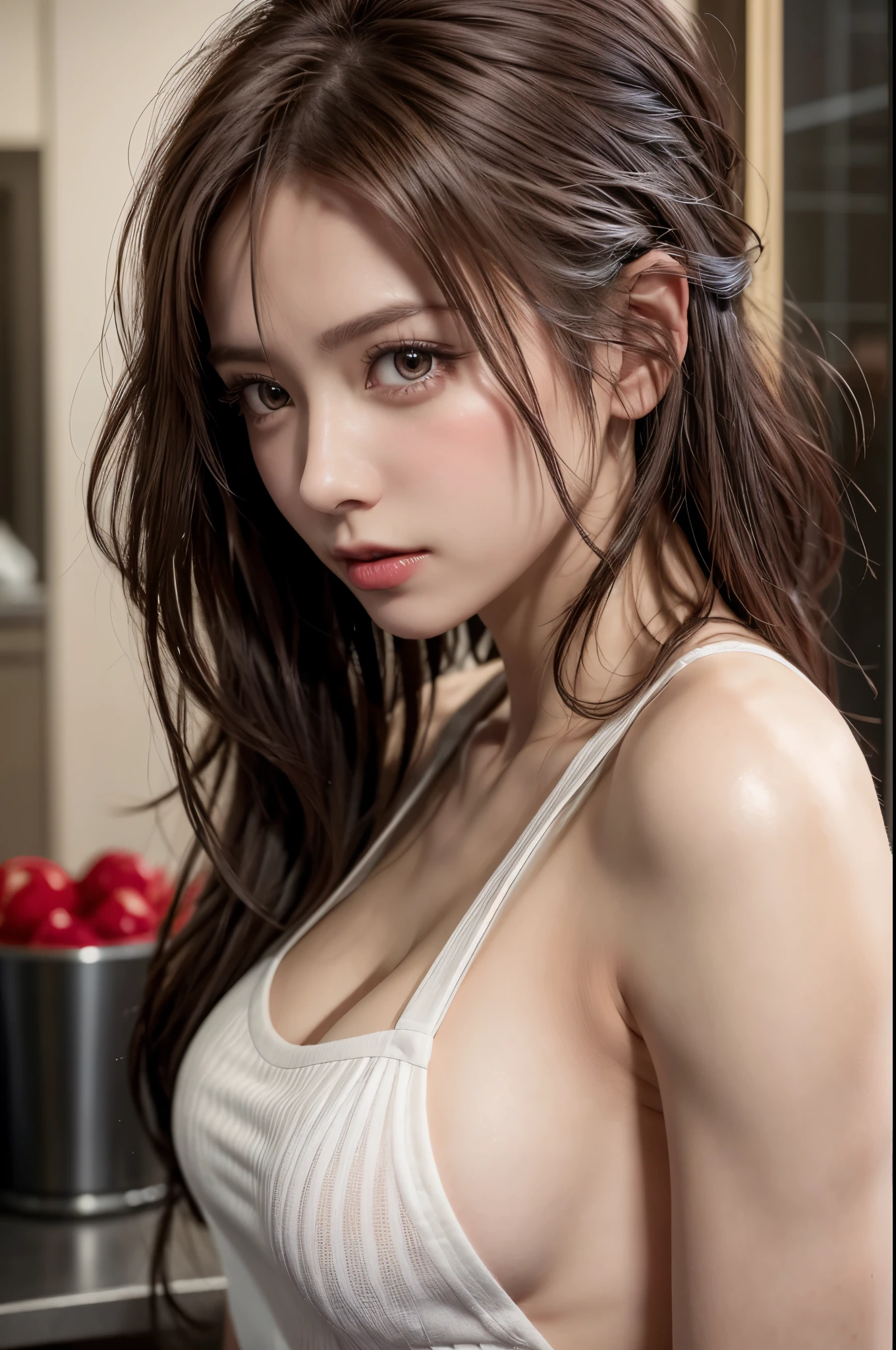 8K, of the highest quality, masutepiece:1.2), (Realistic, Photorealsitic:1.37), of the highest quality, masutepiece, Beautiful young woman, Pensive expression, Gentle eyes, Apron naked、Lovers、Hair tied back, Messy mood, Cinematic background, Light skin tone