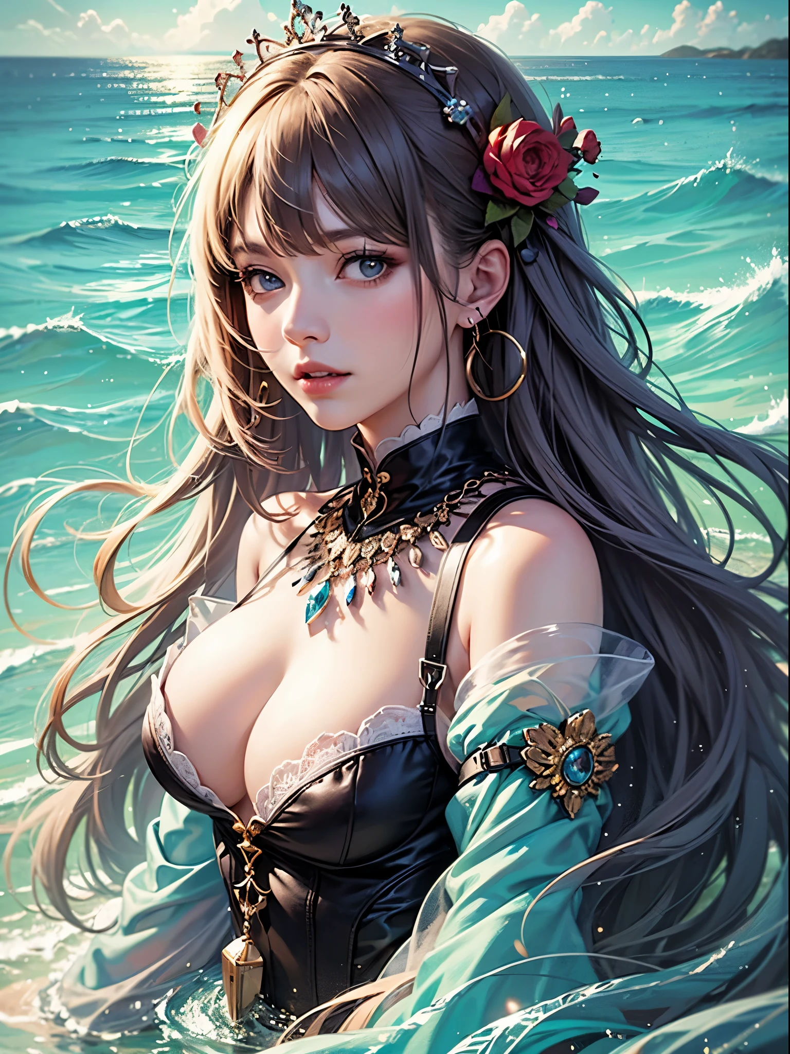 art, Unity 8k壁纸, Ultra-detailed, Beautiful and aesthetically pleasing, (s fractal art: 1.3),  flower, girls, (Hairstyles: Long hair) Ocean, Extremely detailed, Cowboy shot, The most beautiful, Seafoam, Buble, cute big breasts, ultra quality, random background, random dress, --auto --s2