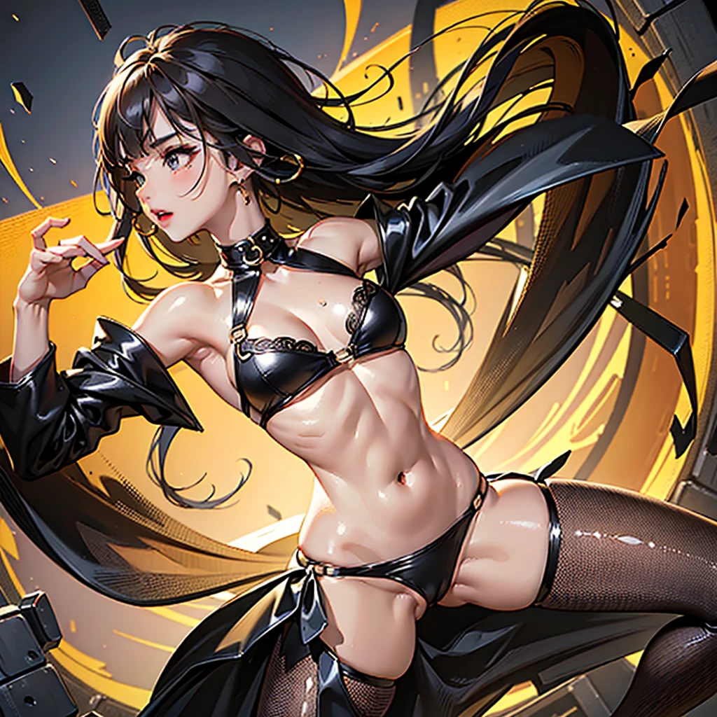 solo, 1girl, (young girl, , huge hips, wide hips):2.0, petite, skinny, (thin toned body), thick thighs, (small waist, narrow waist, thin waist, tight midriff), wide hips, huge breasts, lipstick, long hair, sheer mesh short sundress, tanline, o-ring bikini top, tight snake-skin pushup pants belted tight, clear belly musculature, eyeshadow, girly, big earrings, angle, crawling, from side, wet, (insanely detailed, full body, beautiful detailed face, masterpiece, best quality, highres, absurdres, high quality, high detail, cinematic lighting)
