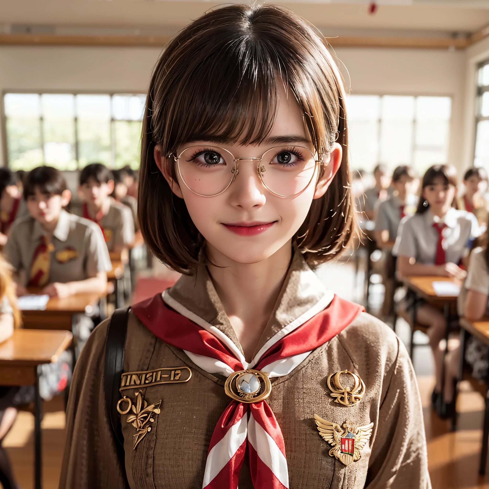 Side, Indonesian girl , gigantic breast, short ponytail hair style, round face, detailed face, shiny glasses, wearing Scout outfit, red white tie, brown mini skirt , pantyhose, shoes school, uniform embroidered brown name tag "Vivi " wearing black school bag , standing in classroom, hyperdetail, 8k, masterpiece, lens glare, sharp eyes, masterpiece, best quality:1.2),,(8k,highres,RAW photo,realistic,photo-realistic:1.3),(detailed skin texture,detailed cloth texture,beautiful detailed face:1.25),professional lighting,photon mapping,beautiful soft light,radiosity,physically-based rendering,raytracing, model shoot style, model shoot style, (extremely detailed CG unity 8k wallpaper), full shot body photo of the most beautiful artwork in the world,