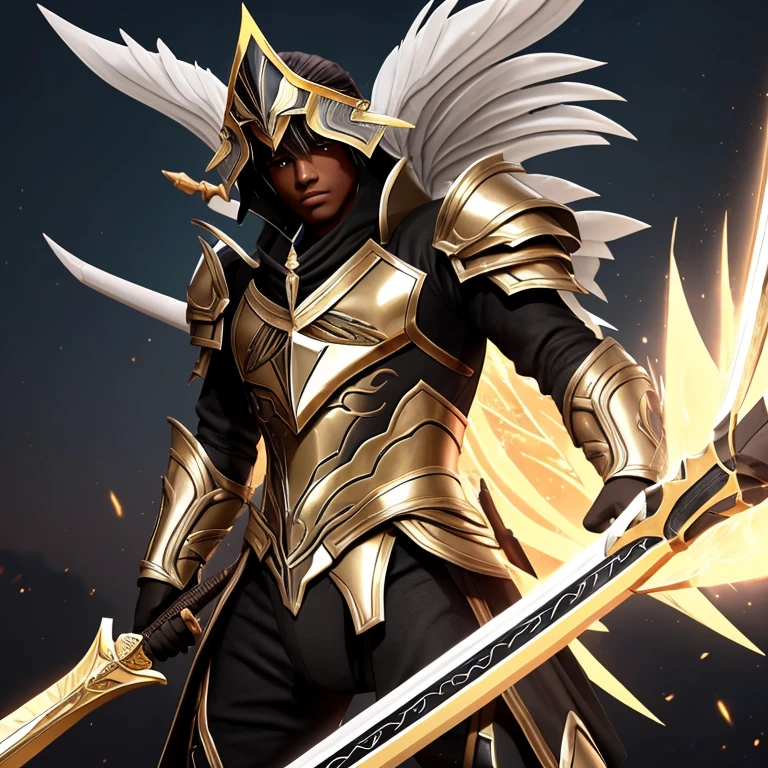 Jovem negro com espada negra com chamas de fogo, gold and silver sagittarius armor, cabelos negros e olhos negros,