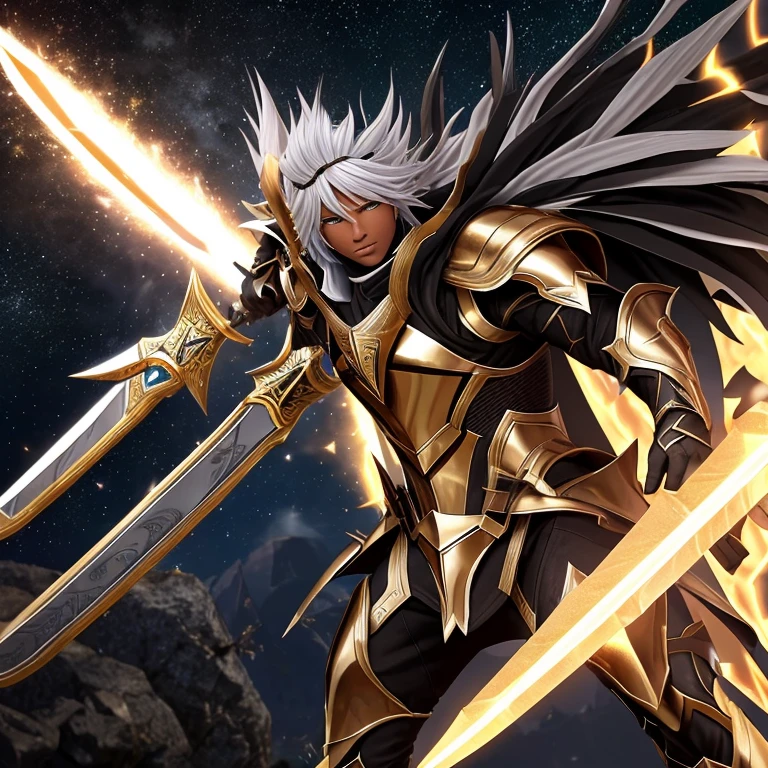 Jovem negro com espada negra com chamas de fogo, gold and silver sagittarius armor, cabelos negros e olhos negros,