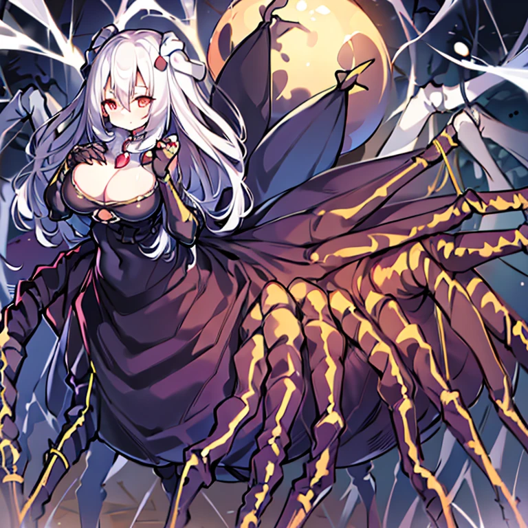 Female creatures, (Arachne), ((Multiple legs)), ((tarantula'Thick legs wrapped around my neck)), White fur, Highest Quality, (Whole body), masutepiece, Ultra-fine illustration, slender , Fluffy cave, spider webs, spider webs,girl with(1人)(Captive)(A large amount of spider thread is wrapped around,he is holding and catching with both hands.) Girl with a puzzled expression boob chalk