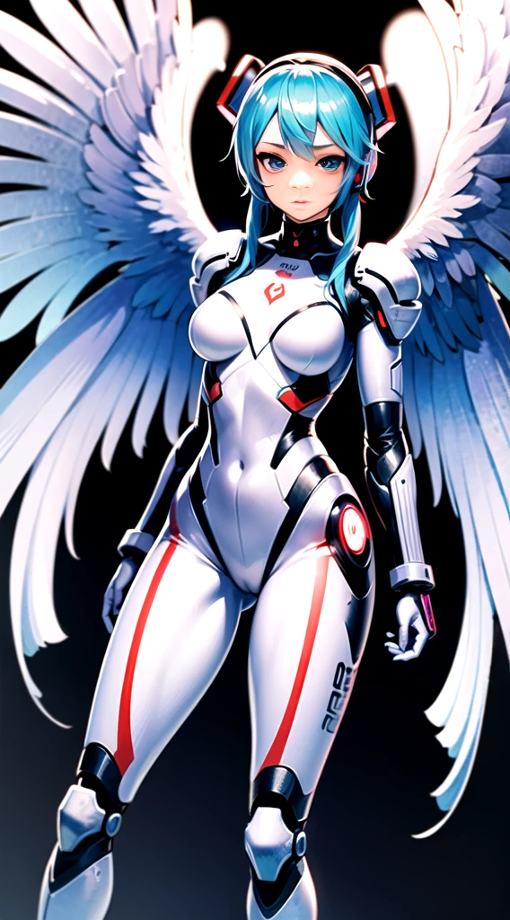 (((hatunemiku VOCALOID))), twintail, turquoise hair, mecha, 1girl, cyborg, realistic, mechanical parts, ((((Angel wings)))), Limb is a machine, full armor, high heels, armor color((((white)))), beautiful art,