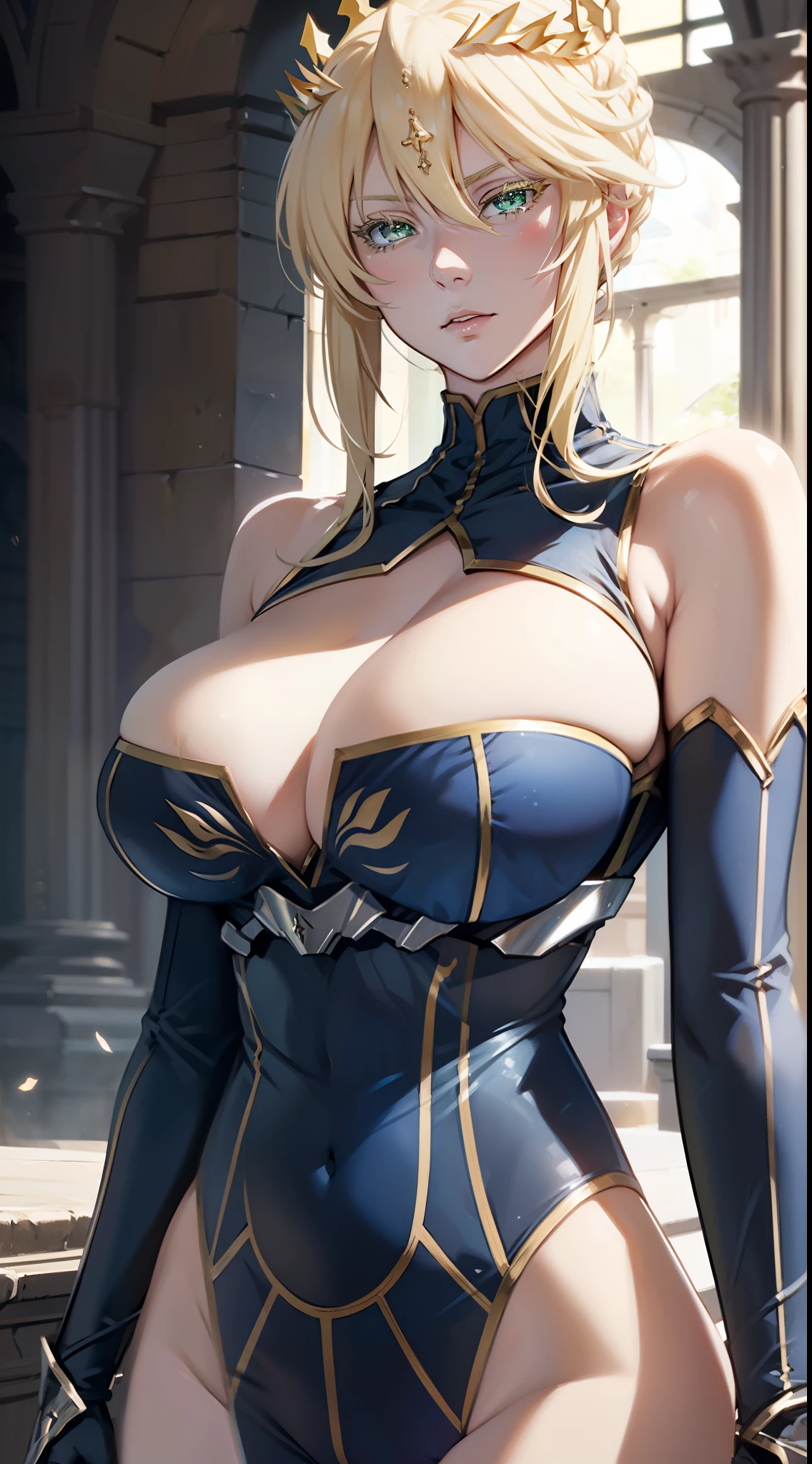 Lancer Artoria, elegant adult female, blonde, yellow eyelashes, green eyes, crown, turtleneck, cleavage cutout, sleeveless, elbow gloves, close-up portrait, high resolution, extremely detail 8k cg