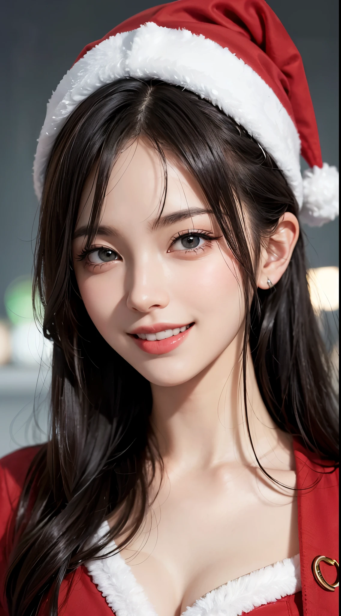 (UHD, retina, masterpiece, accurate, anatomically correct, textured skin, super detail, high details, high quality, best quality, high res, 1080P, HD, 4K, 8k, 16k), (beautiful detailed eyes, beautiful detailed lips, extremely detailed eyes and face), studio lighting, physically-based rendering, vivid colors, (large breasts, glamorous body), (santa hat), (portrait, shiny hair, shiny skin, blush, hair blowing in the wind), (bokeh), eye reflection, jet black hair, (smile and laugh:1.5),