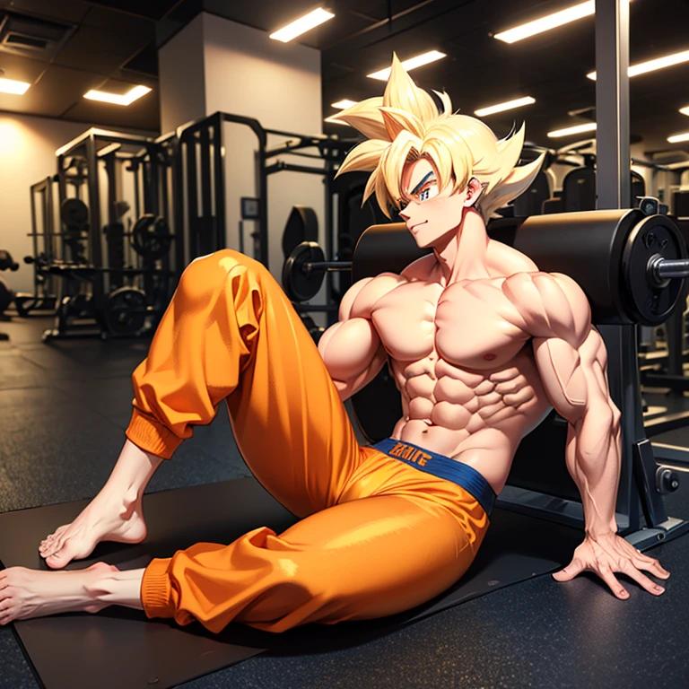(Eine detaillierte Zeichnung von Son Goku, bodybuilding gym.), shirtless, barefoot