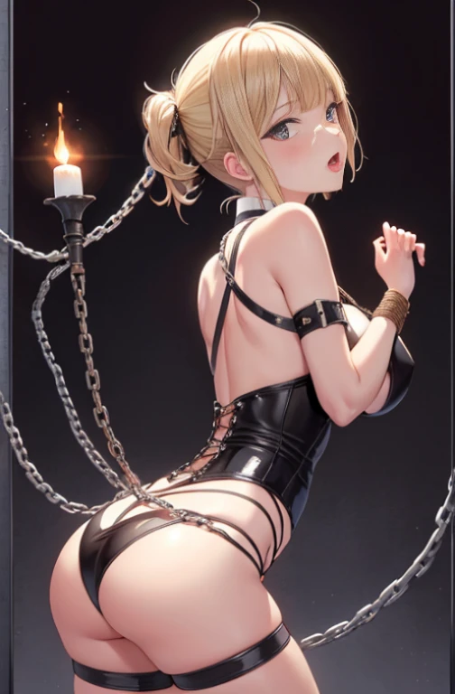 (Chained shibari:1.2), submissive, hanged up, hands apart, Hands up, Perfect ass, Arched back, ([lookback : over the shoulder view : 15]:1.6), (dark shot:1.2), Twin-tailed, (Intricate details:1.12), (Intricate details, hyperdetails:1.15), Dungeon, (At night:1.2), fireplace, Warm light, Dramatic light, Cinematic, (gros-plan:1.2), Bondage, BDSM, BDSM Dungeon, Hentai-kun, Restraint, Bound, Tied up, restrained arms, restrained hands, Fully restrained, restrained body, Bound with chains, Bound hands, Blonde hair, Open mouth, slight smile, Blushing, Himiko Toga, BDSM outfit, vampire teeth,  BDSM, Slave, Short hair, 1girl in, Solo.barechested