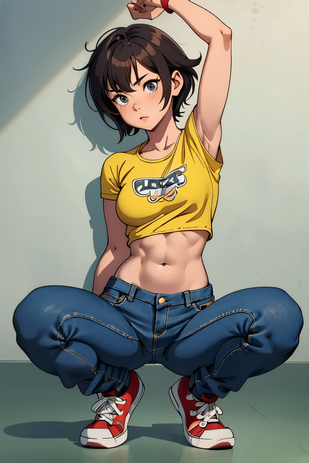 Cute girl, Ripped bikini jeans, A short yellow shirt that does not cover the stomach, the stomach is visible, Red sneakers, short hair, beautiful body, medium-sized sexy breasts, bikini, Crouching on the ground like a dog, raising her buttocks, high ass, Teenage girl, , crouching on the floor, in a doggy style position, holding her ass up